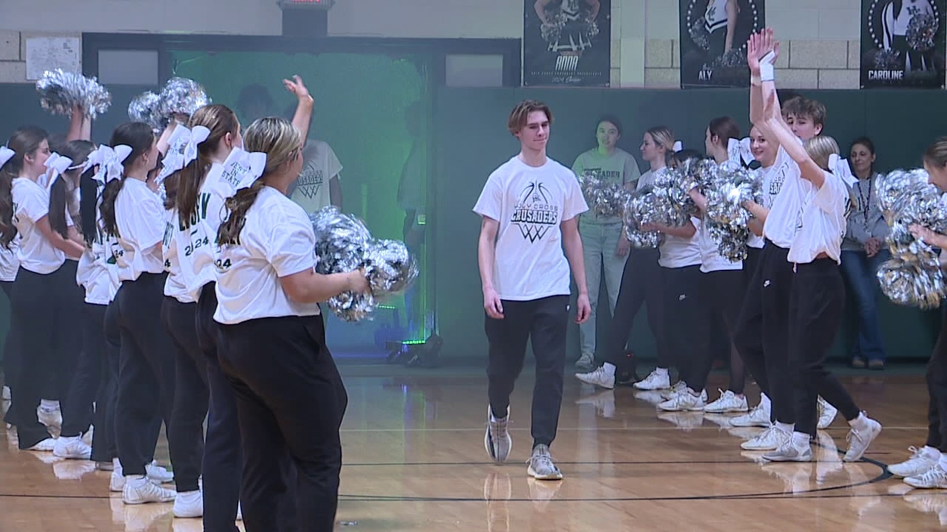Hoping for history at Holy Cross, the school hosted a pep rally for the boys basketball team, seeking the school's first PIAA boys basketball state championship.