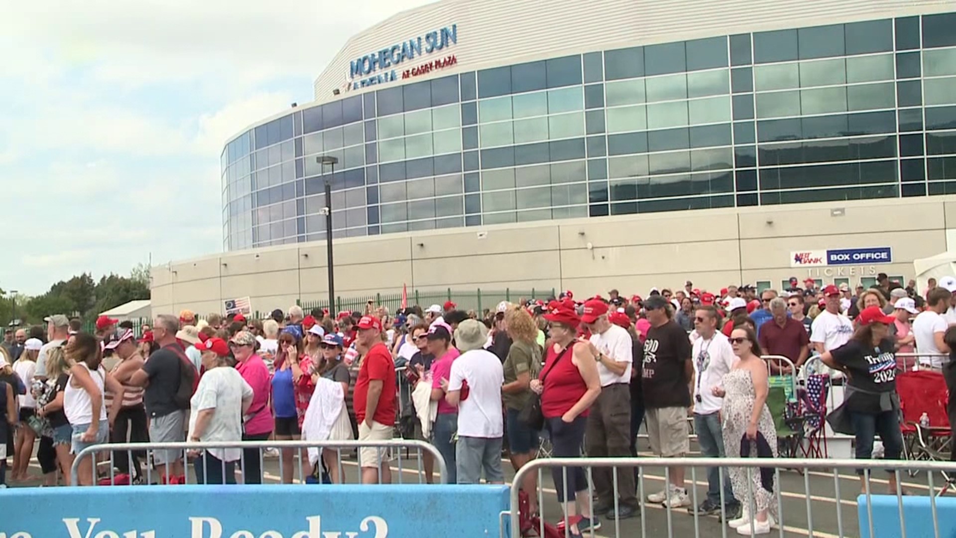 A large crowd gathered outside Mohegan Sun Arena Saturday as supporters of former President Trump awaited his Save America Rally.