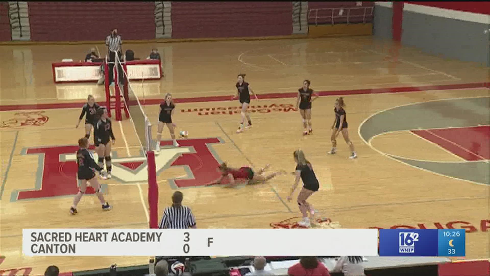 Canton and Sacred Heart Academy in the 'A' girls volleyball State Semi-finals. Canton was swept in straight sets.