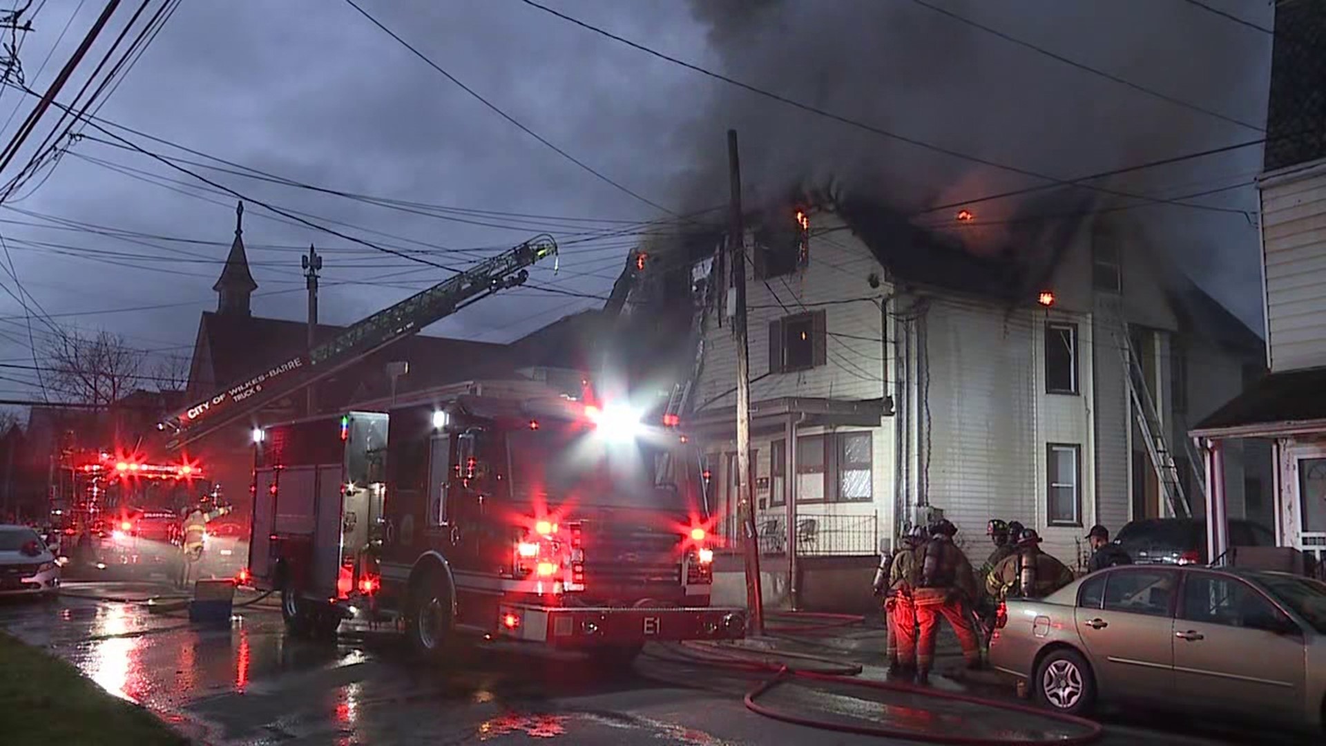 Flames ripped through an apartment building in Wilkes-Barre around 6:30 p.m. Sunday night.