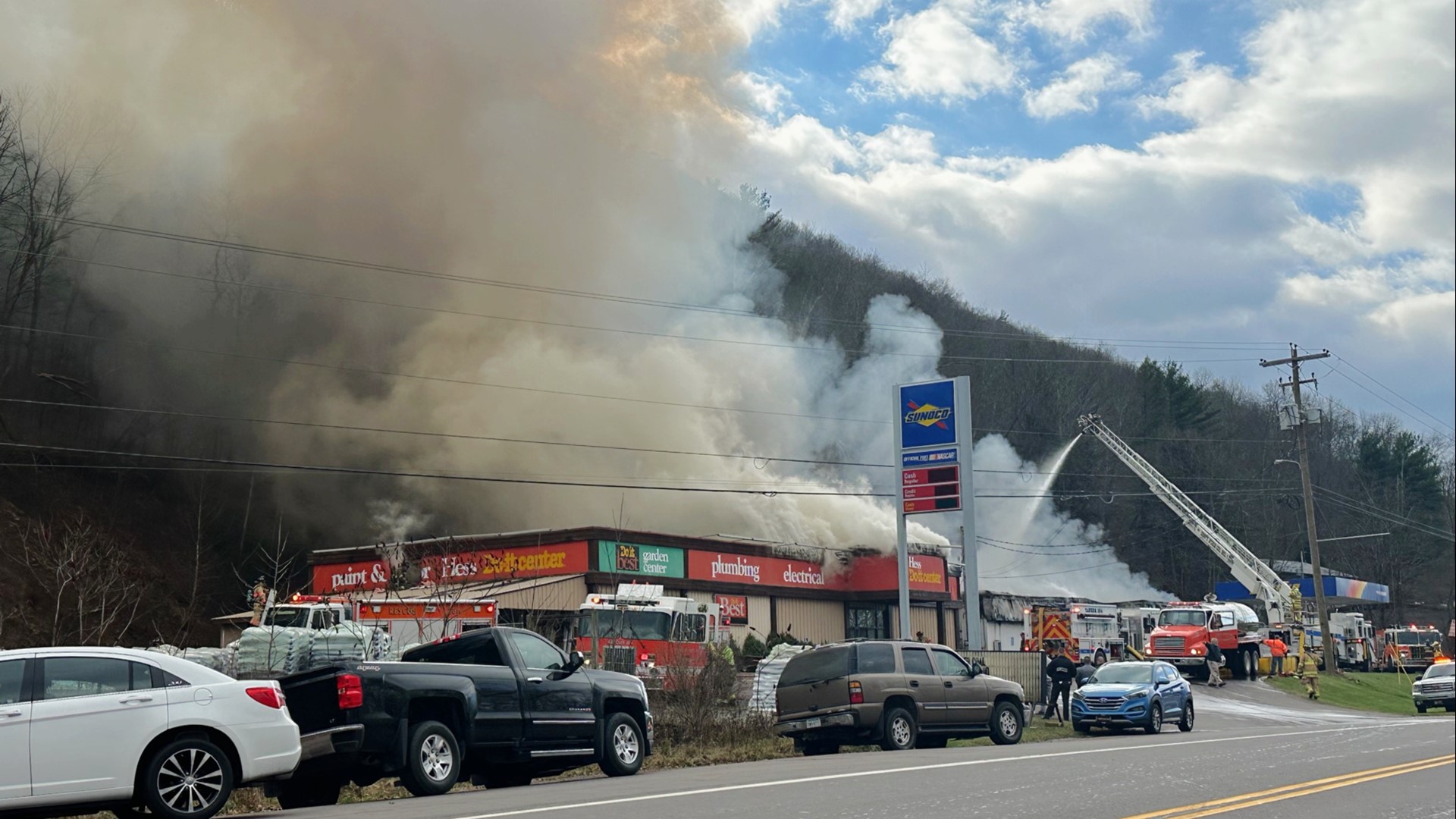 Smoke poured from Hess Market on Route 487 Thursday morning.