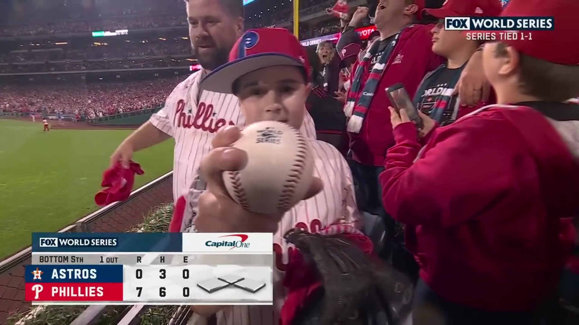 Twelve-year-old Serock Gavin caught the home run ball hit by Phillies Rhys Hoskins in game three of the World Series.