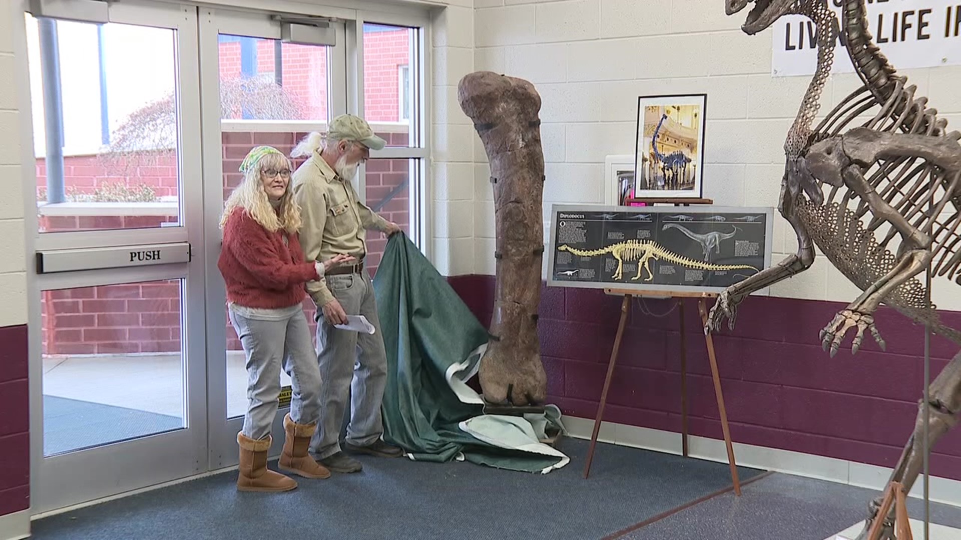 A six-foot dinosaur bone was unveiled at Chief Shikellamy Elementary School Wednesday morning.