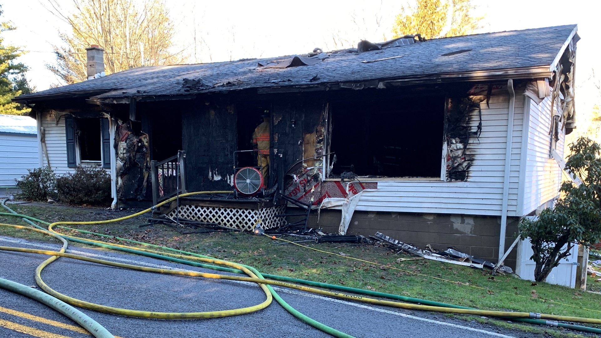 Crews hauled water to the scene in tankers to fight the fire Monday morning.