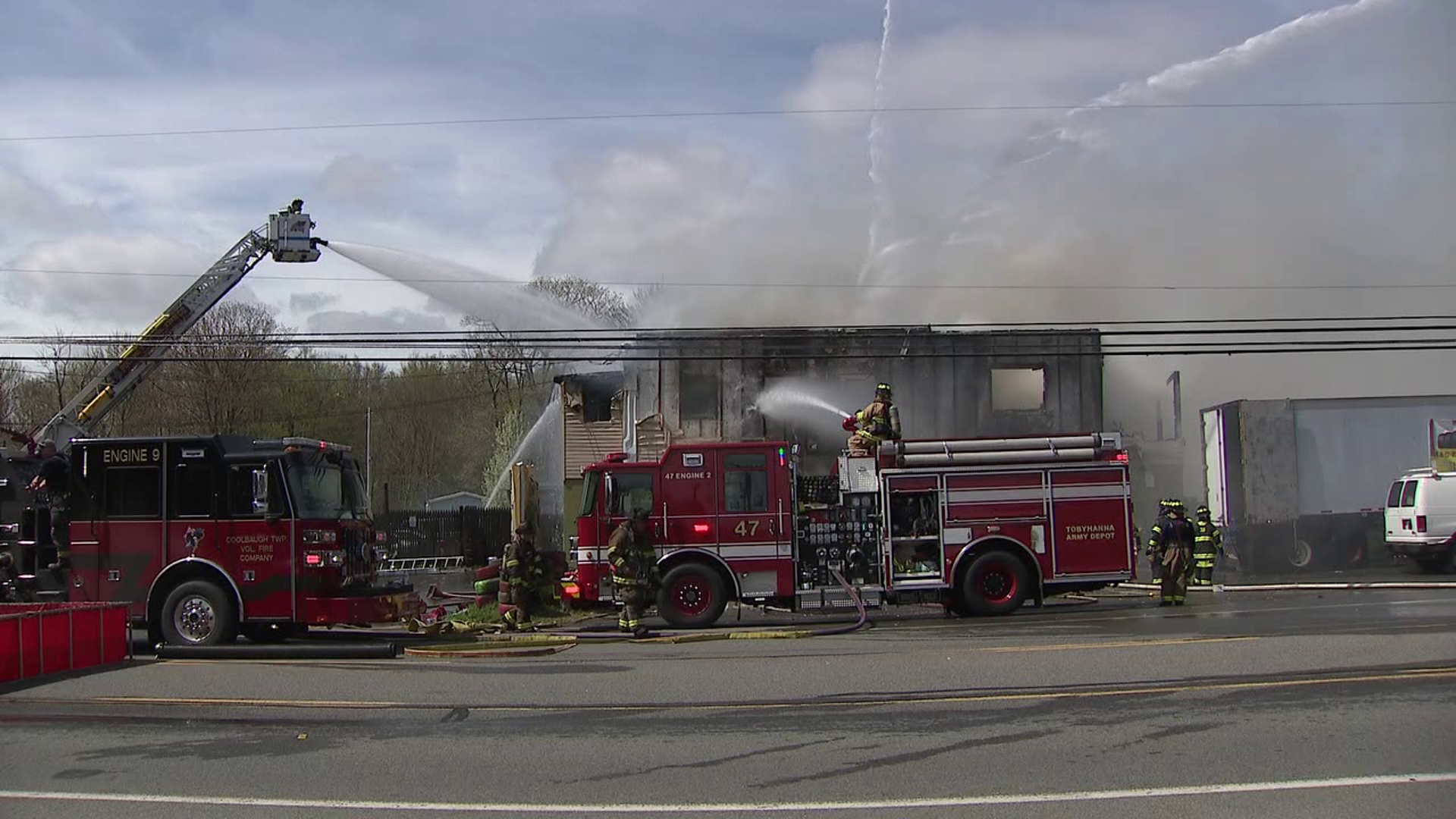 Flames at A&C Used Tires near Tobyhanna broke out around 10 a.m. Friday.