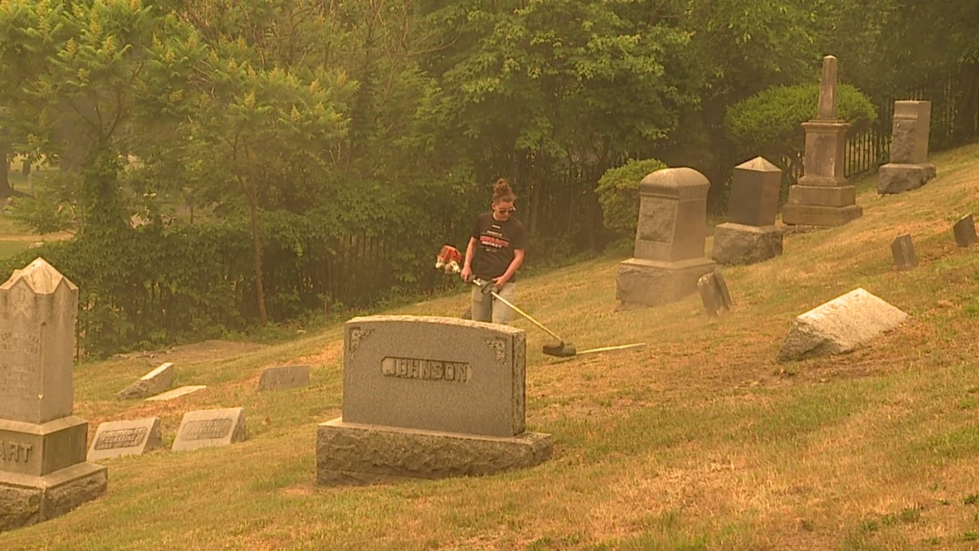 Newswatch 16's Emily Kress found some trying to work through the smoky scene at a cemetery and car wash.