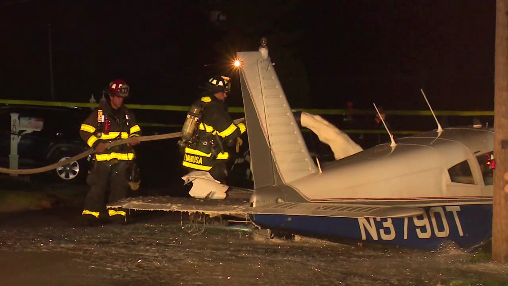 The plane crashed at about 8:30 p.m. on Stone Street in Moosic. Power for over 500 customers is out.