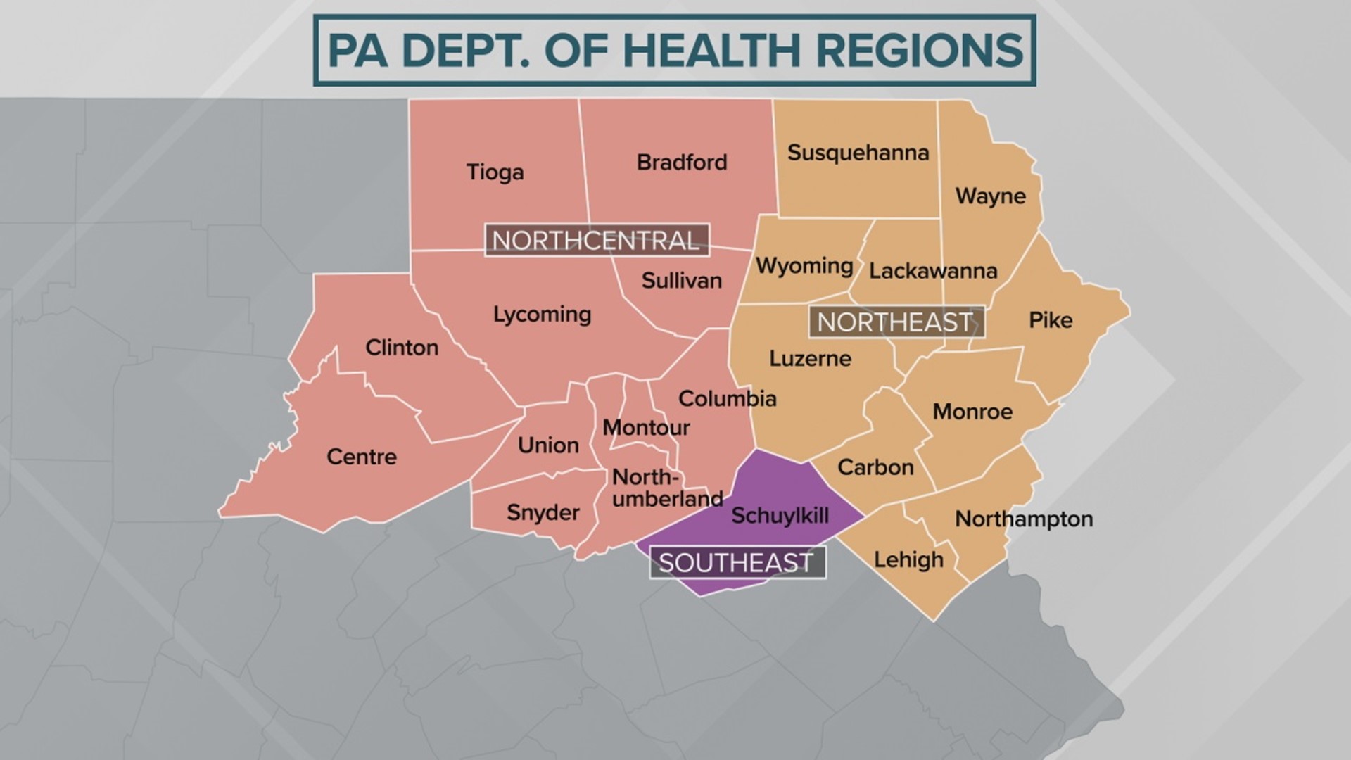 The state Department of Health has broken down Northeastern and Central Pennsylvania into regions for years. Schuylkill County is the only county not included.