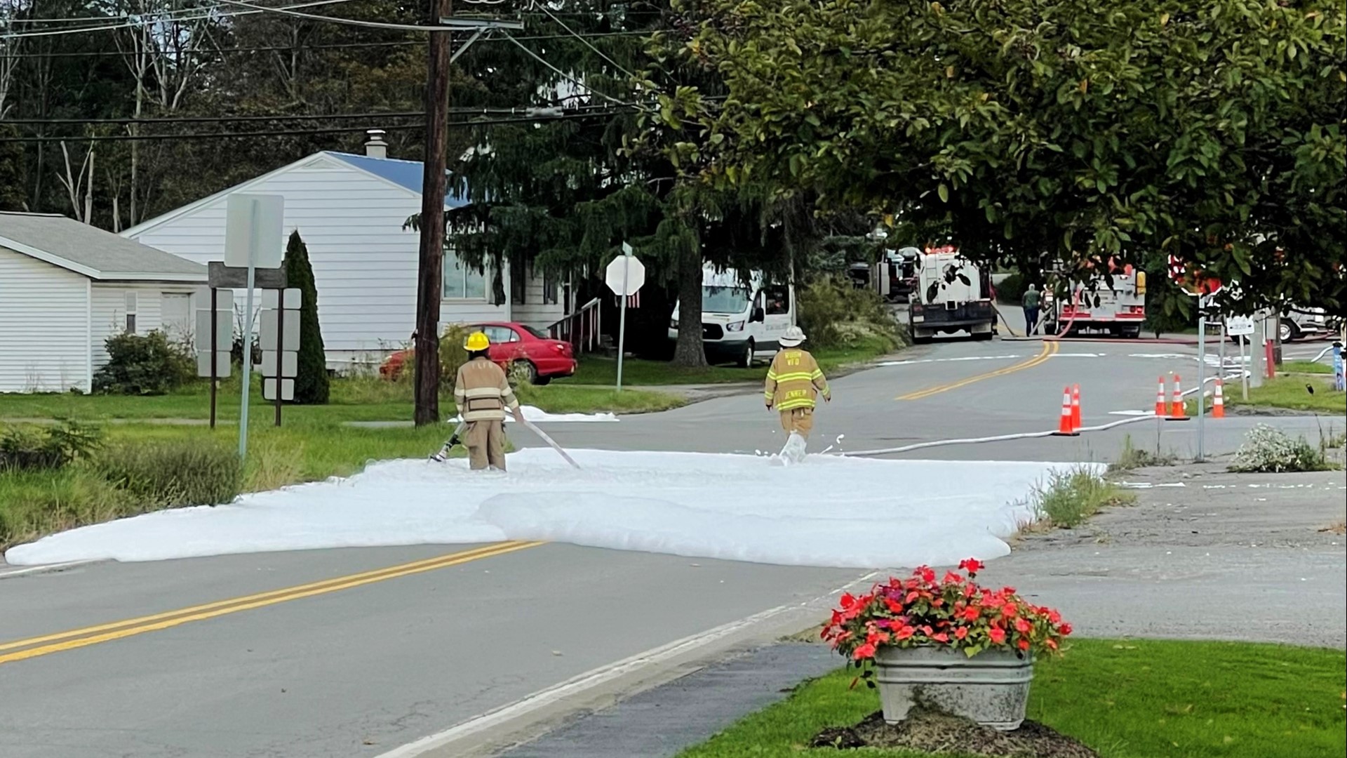 Fire crews used foam and absorbent material to contain the spill near a gas station in South Montrose.