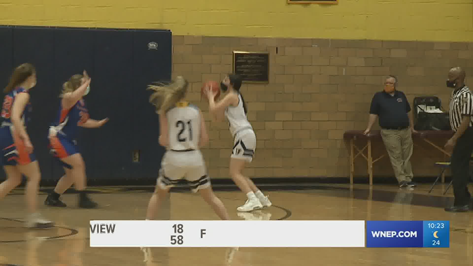 Old Forge got 35 points from Olivia Cuillo to climb past Mountain View, 58-18,  in the D-2 'AA' girls basketball playoffs.