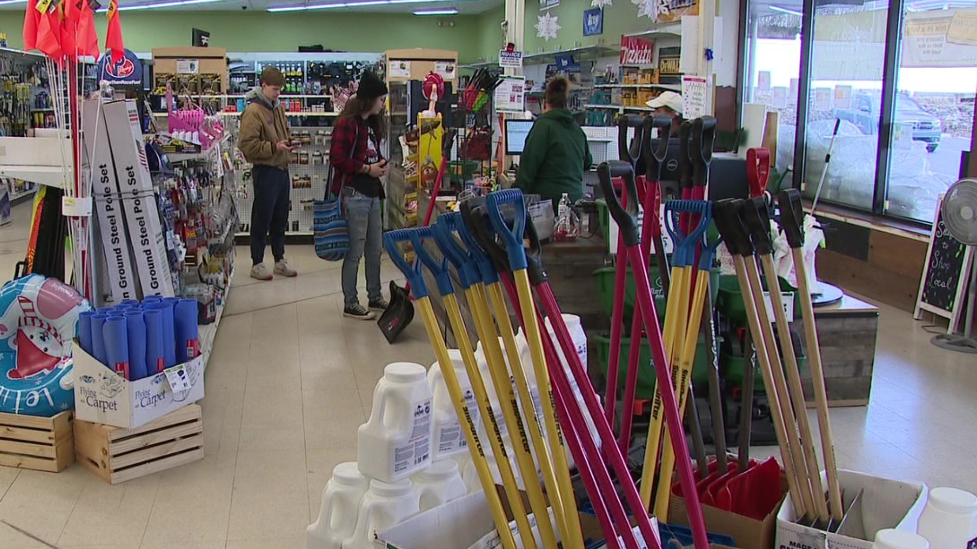 At Driscoll's, ice melt is piled high. Shovels of every shape and size are in stock. There is a surplus of items, as it hasn't been needed this season, until now.