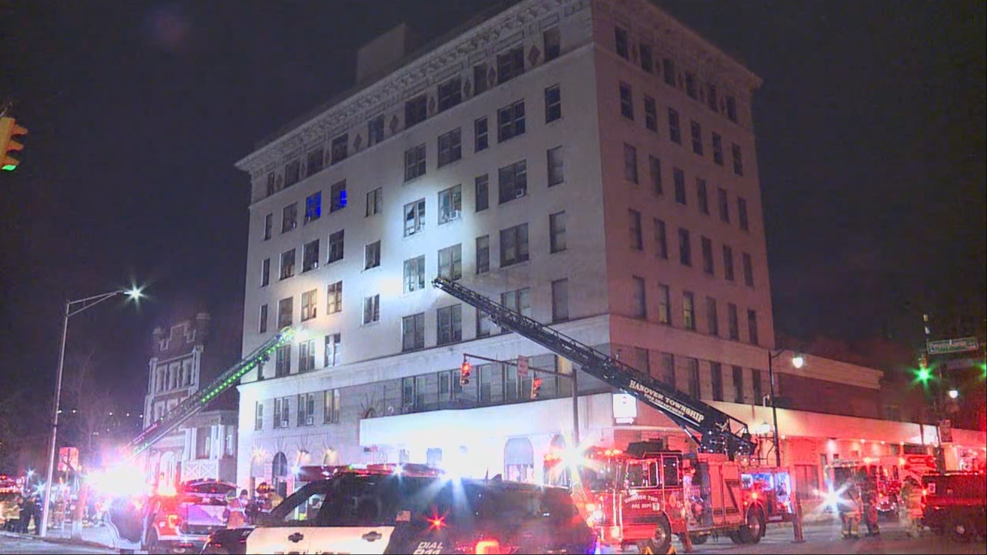 At least one person died when flames broke out at a hotel complex in downtown Wilkes-Barre early Tuesday morning.