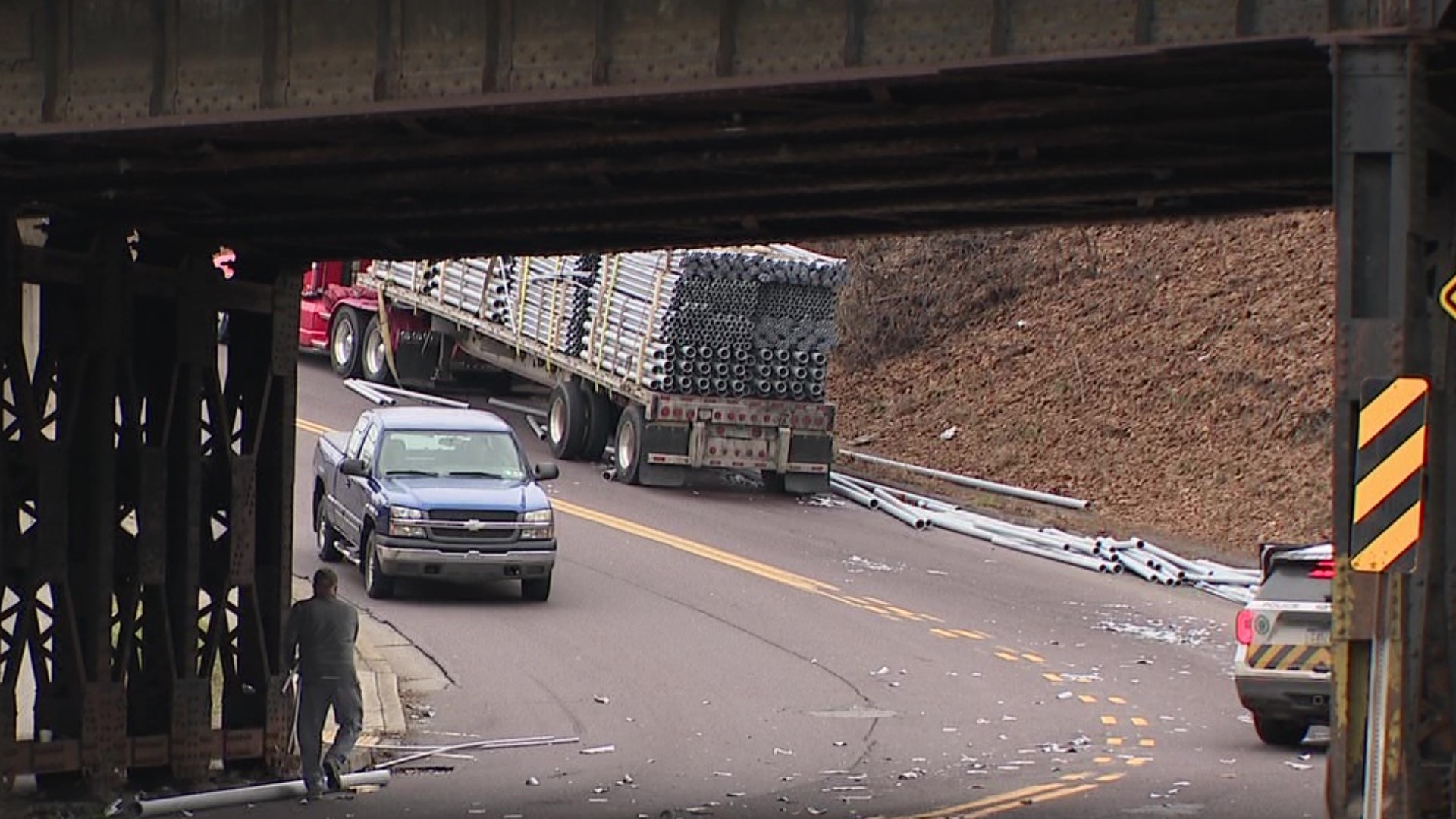 The truck's cargo was damaged after a bridge collision on Wednesday morning in Scranton.