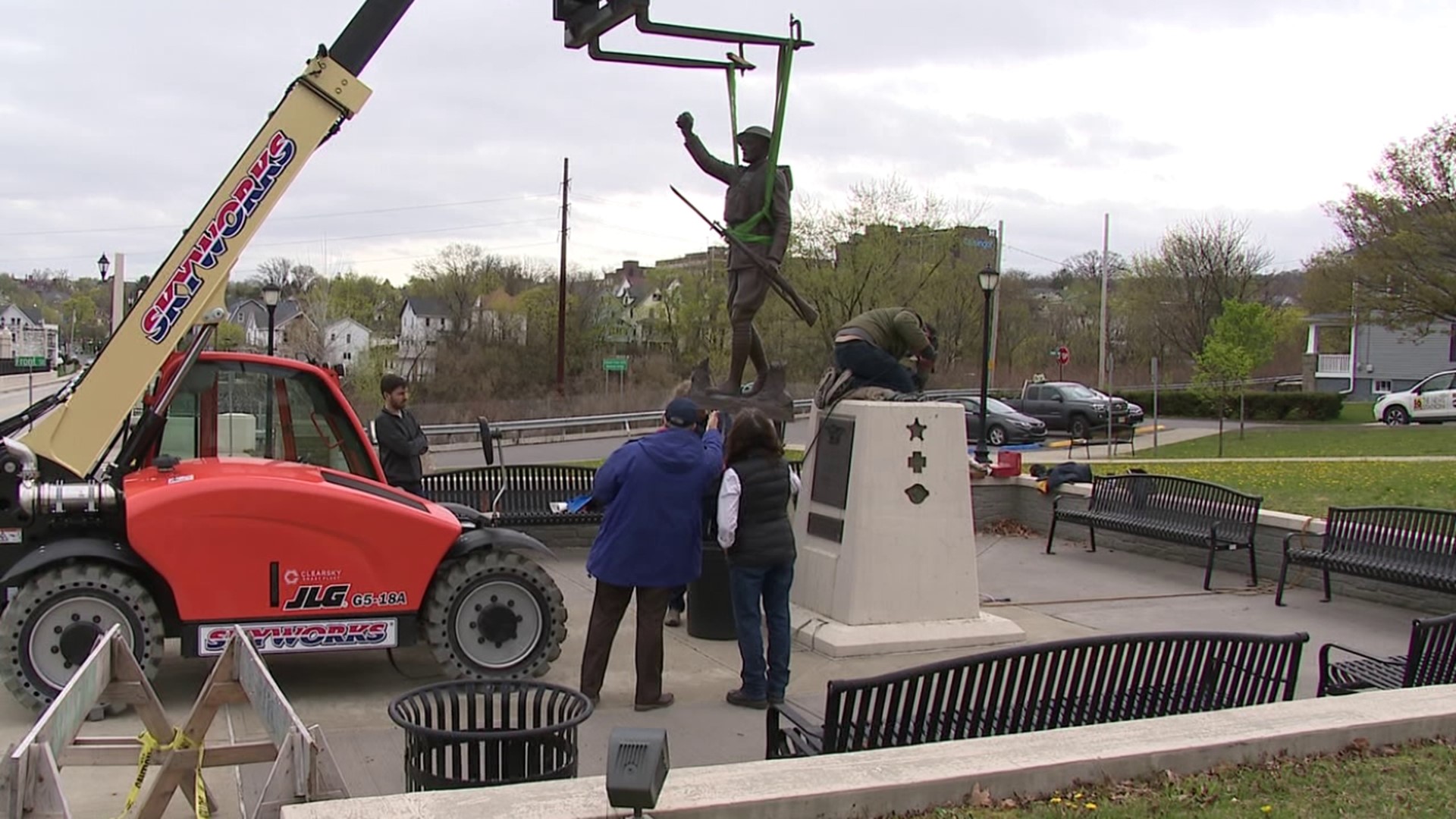 Crews in Scranton were fixing the base of the spirit of the American Doughboy statue that was damaged last year.