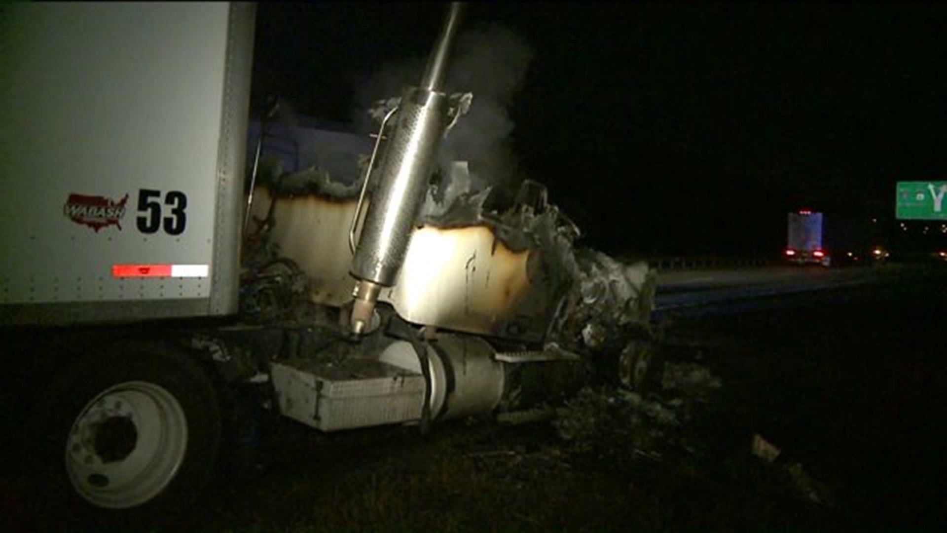 Tractor-Trailer Cab Catches Fire