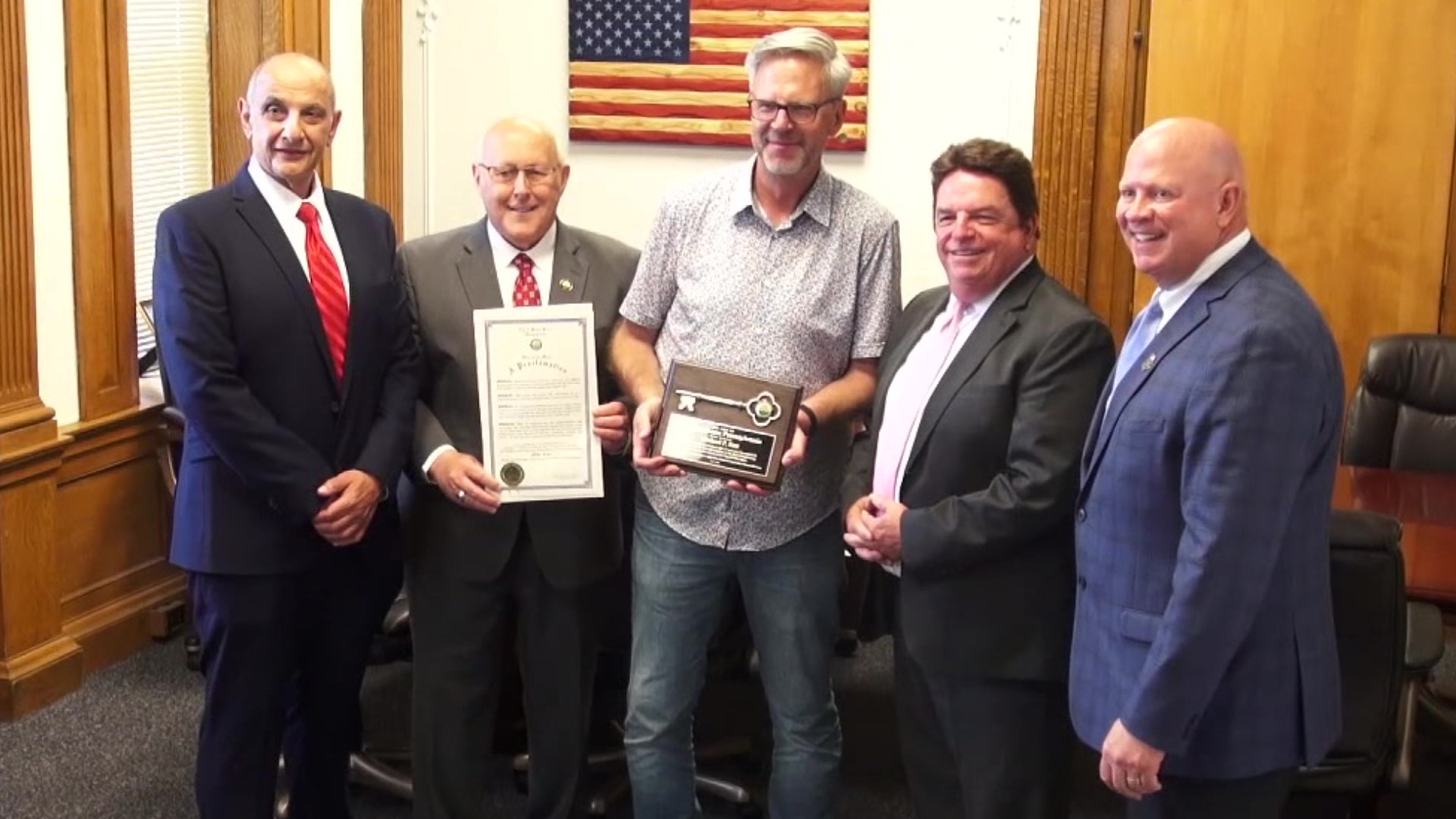 Wilkes-Barre Mayor George Brown was joined by three of his predecessors to give a member of the Newswatch 16 team a key to the city.