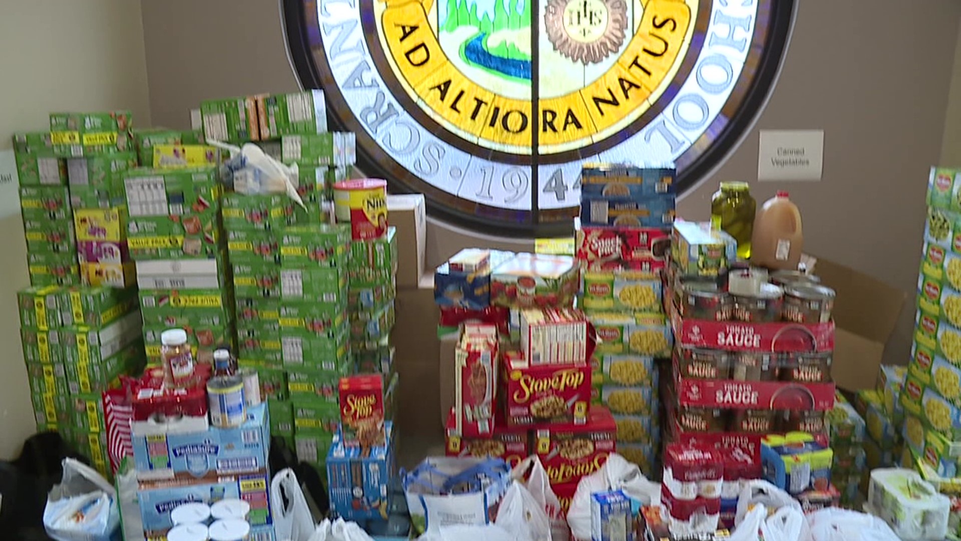 Stacks of donations fill the halls of the school on Wyoming Avenue.