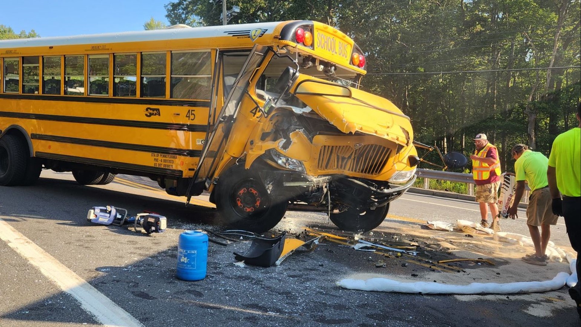 Pennsylvania State Police provide an update on a crash involving a school bus and truck in Bear Creek Township, Luzerne County.