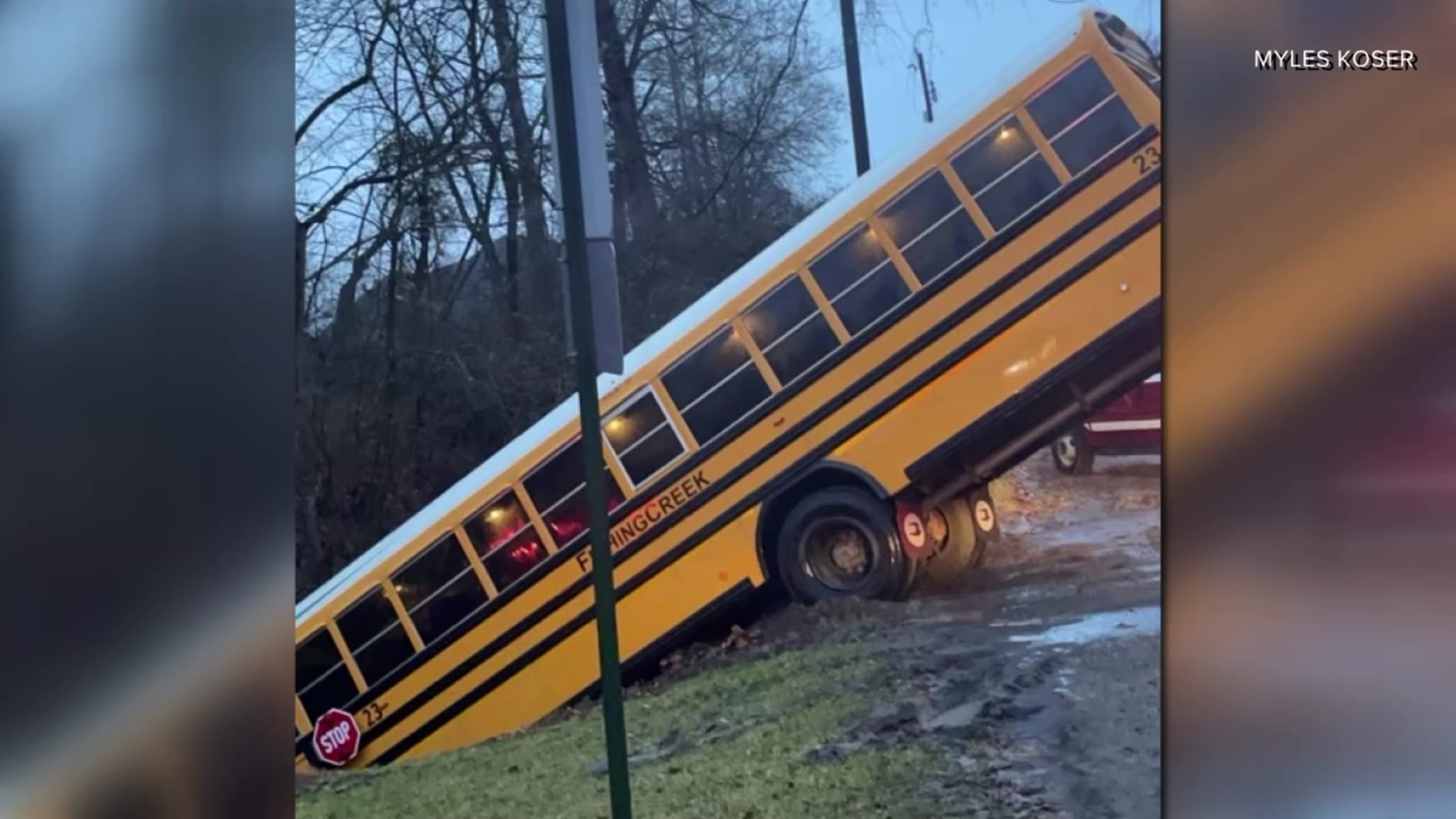 The bus slid into a small creek and came to rest in a ditch near Danville.