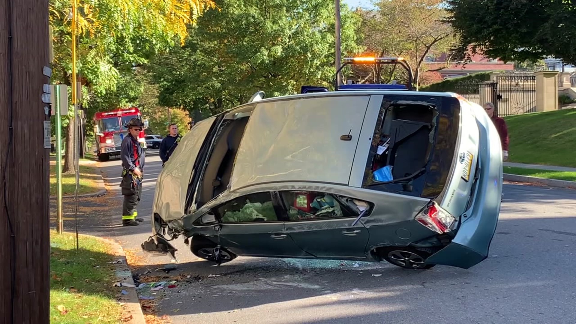 One car ended up on its side and the other had rear-end damage.