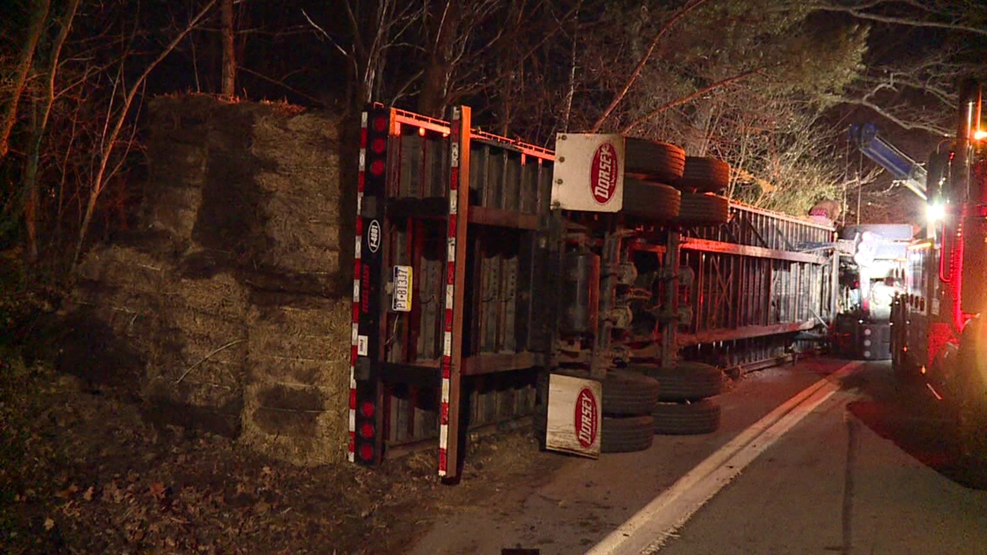 Police say the truck rolled over on its side in the early Monday morning hours.