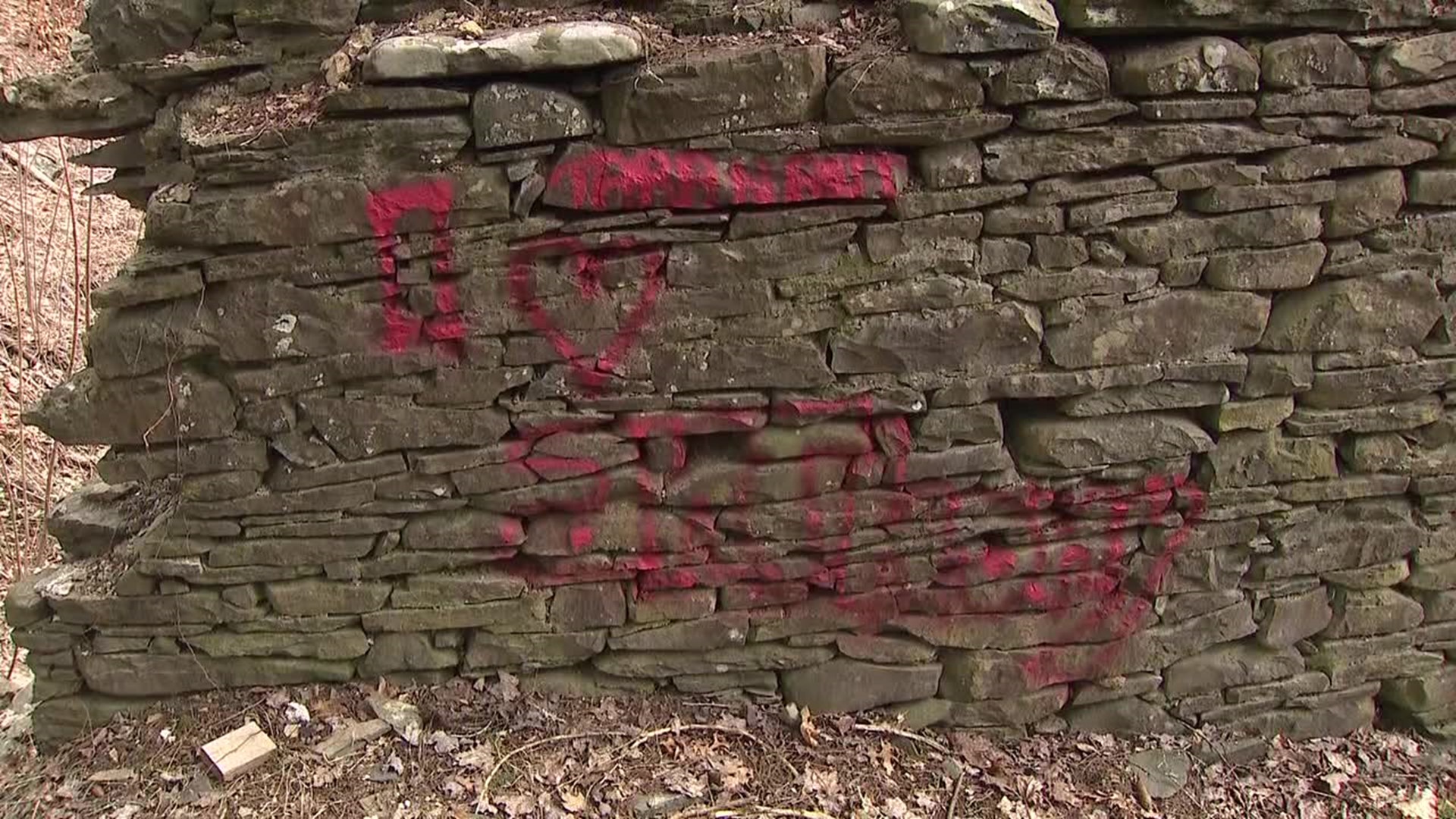 "I heart Tara" was written across the original 1892 date stone, while more red paint was used on the walls of the woolen mill to write "I heart Anthony."
