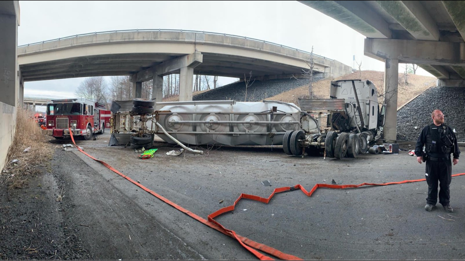 The tractor-trailer went into the median, over an embankment, and crashed onto Altamont Boulevard Sunday afternoon near Frackville.