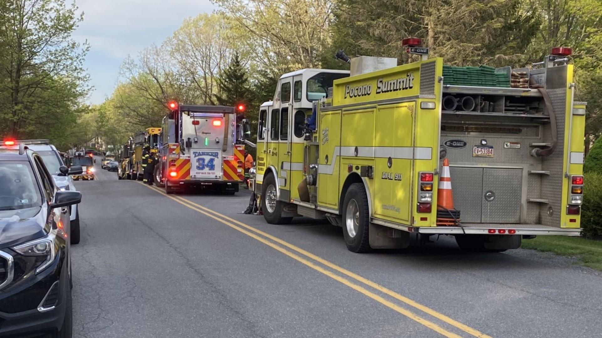 Flames broke out around 6 p.m. along Cobblewood Drive in Mount Pocono Saturday afternoon.