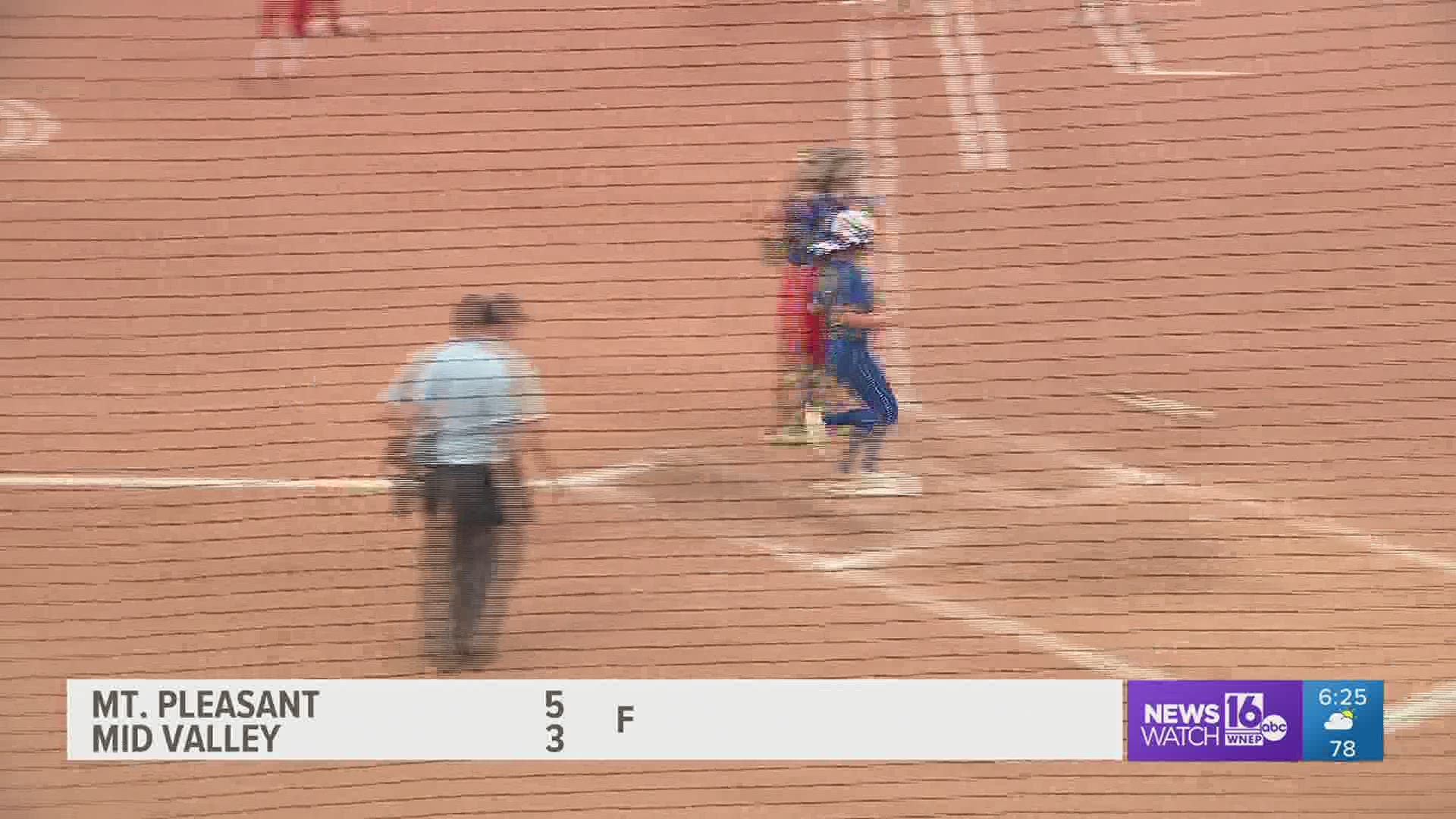 Mid Valley held a 2-0 lead, but Mt. Pleasant rallied to win the 'AAA' HS State softball Championship by a 5-3 score.