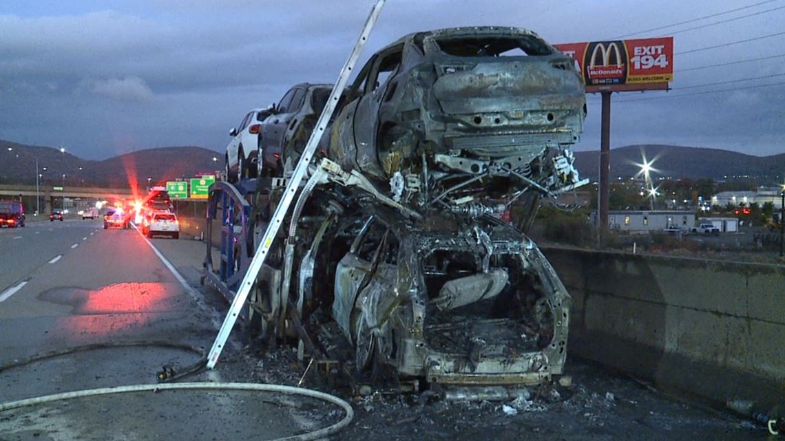 Big rig hauling vehicles catches fire on Interstate 81 in Dunmore ...