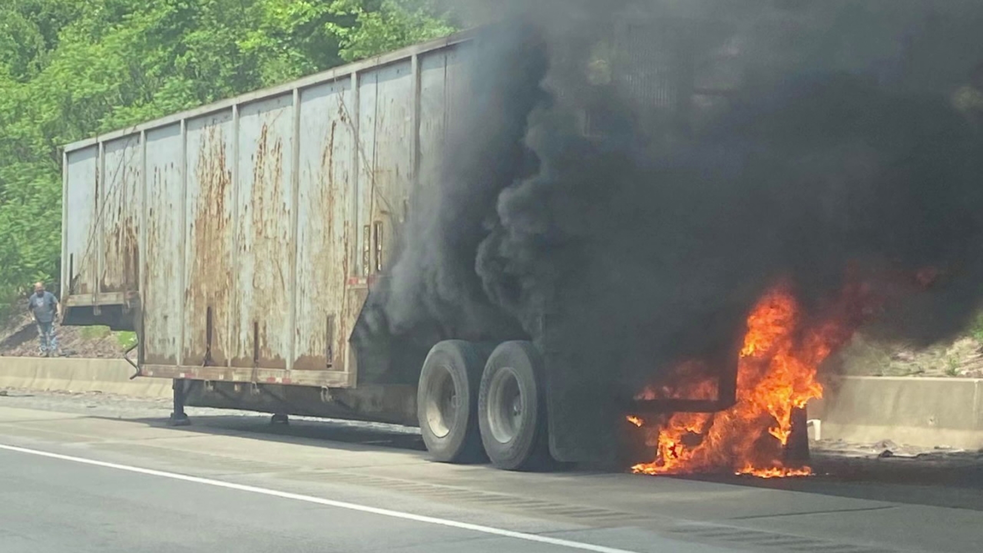 A tractor-trailer caught fire near the Nuangola Exit on I-81 North just before 2 p.m. on Wednesday.