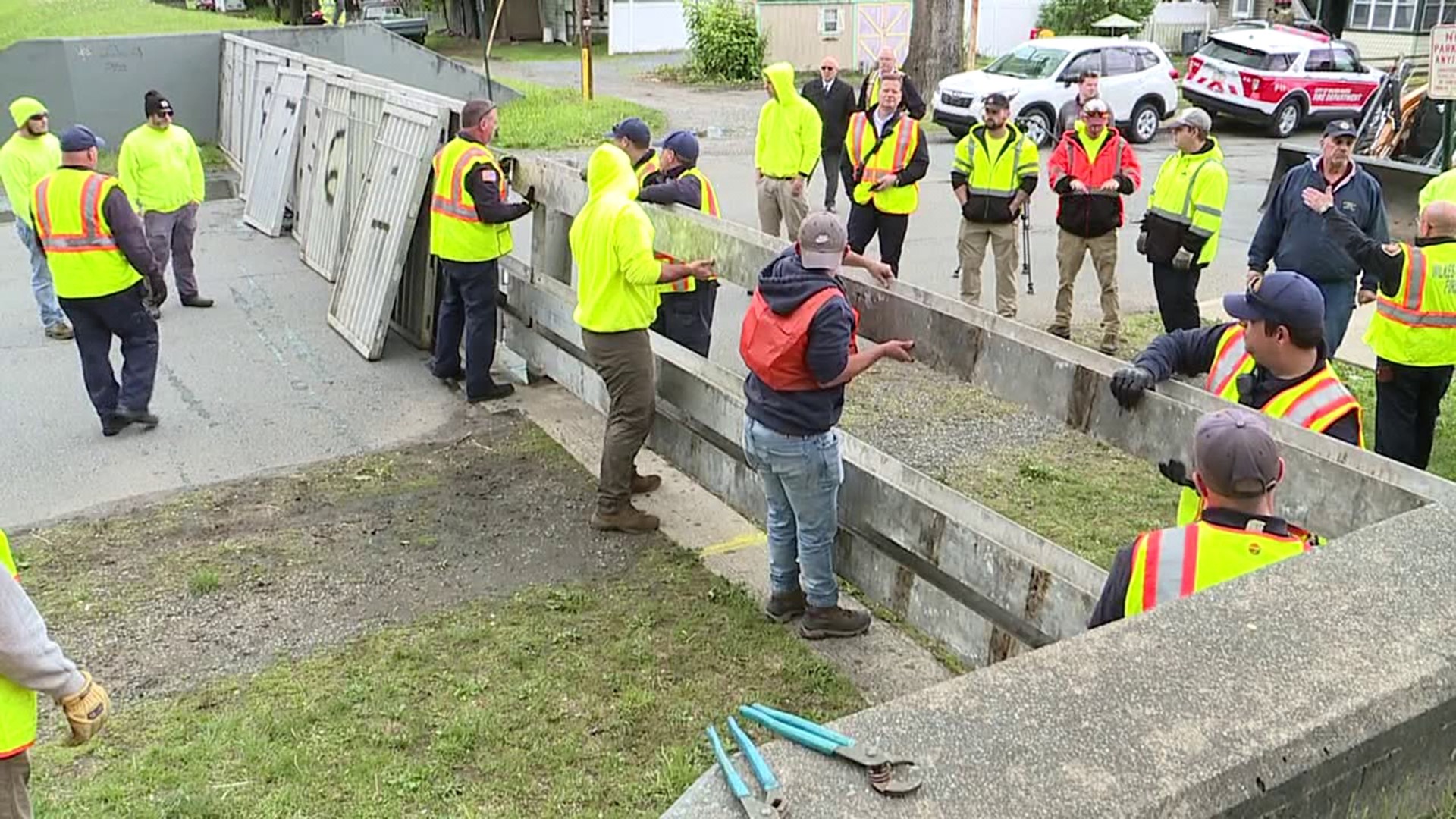 WBFD and DPW workers practiced installing a portable section of a levee that protects 280 homes and businesses in the event of a flooded Susquehanna River.