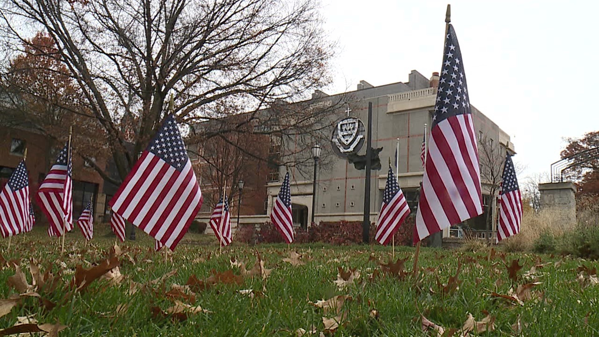 Members of the ROTC program covered a park on campus with small American flags.