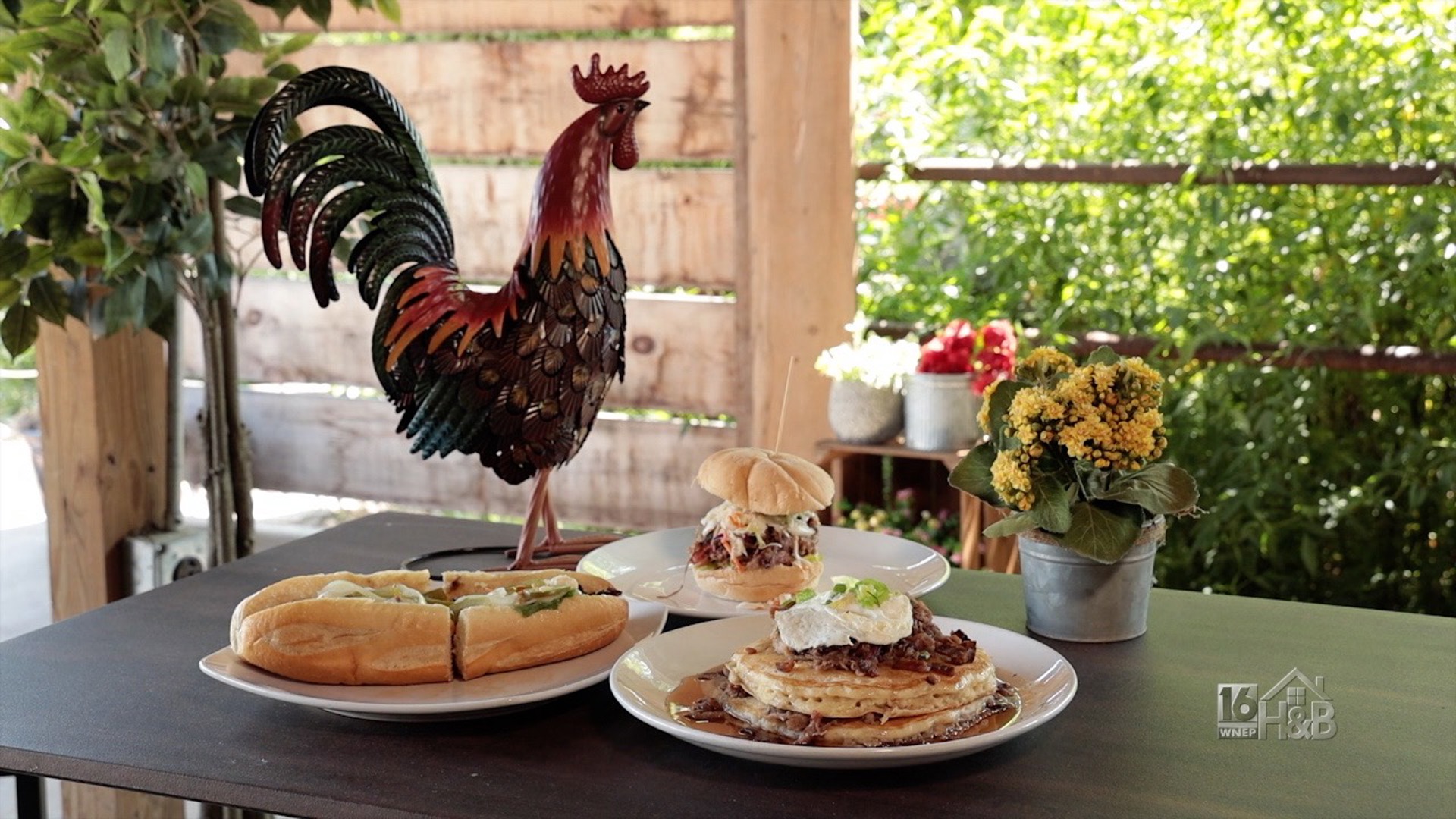 Buttermilk Pancake With Pulled Pork, A Fried Egg, and Hot Honey