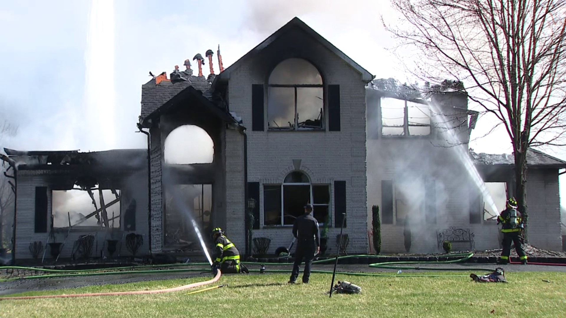 Flames destroyed a home in Stroud Township on Thursday afternoon.