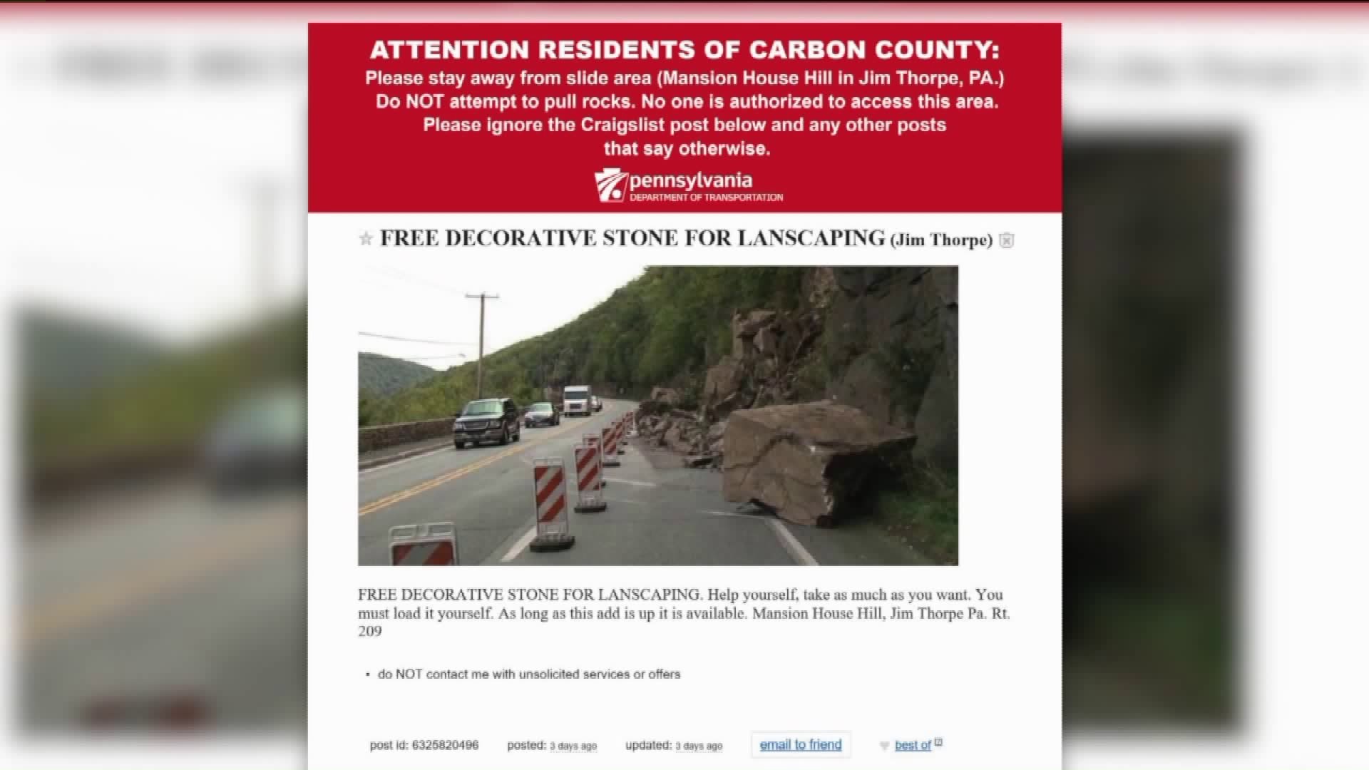 PennDOT Officials: Ignore Craigslist Ad for Rock Slide Rocks in Carbon County