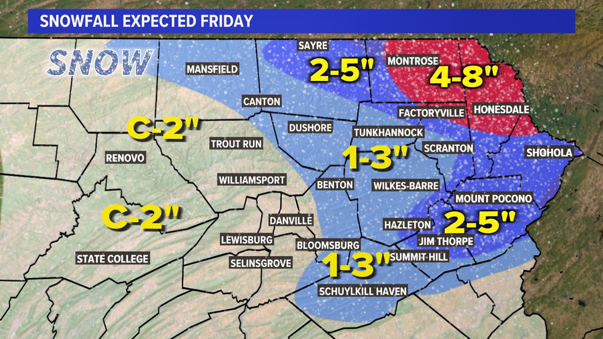 Snow is falling across central and northeastern Pennsylvania.