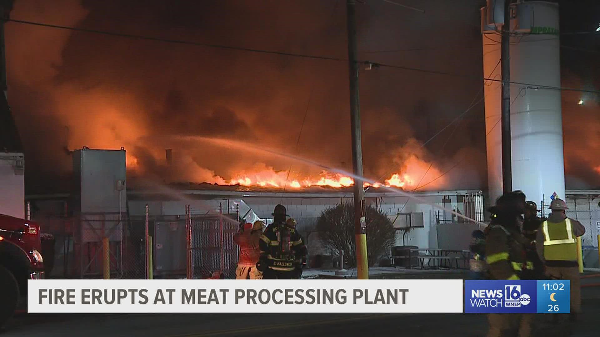 The fire broke out around 5:30 p.m. at the Maid-Rite Steak Company meat processing plant.