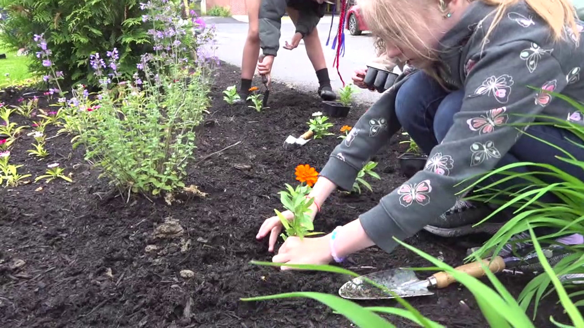 Kids from the Scranton School for Deaf and Hard of Hearing Children joined members of Scranton Tomorrow to help plant flowers in Christopher A. Doherty Park.