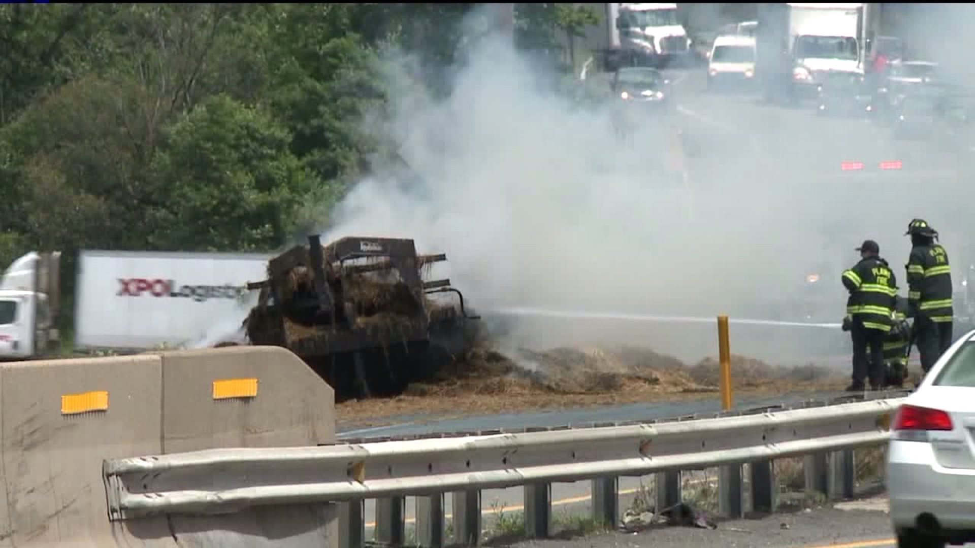 Truck Hauling Hay Catches Fire on Interstate 81
