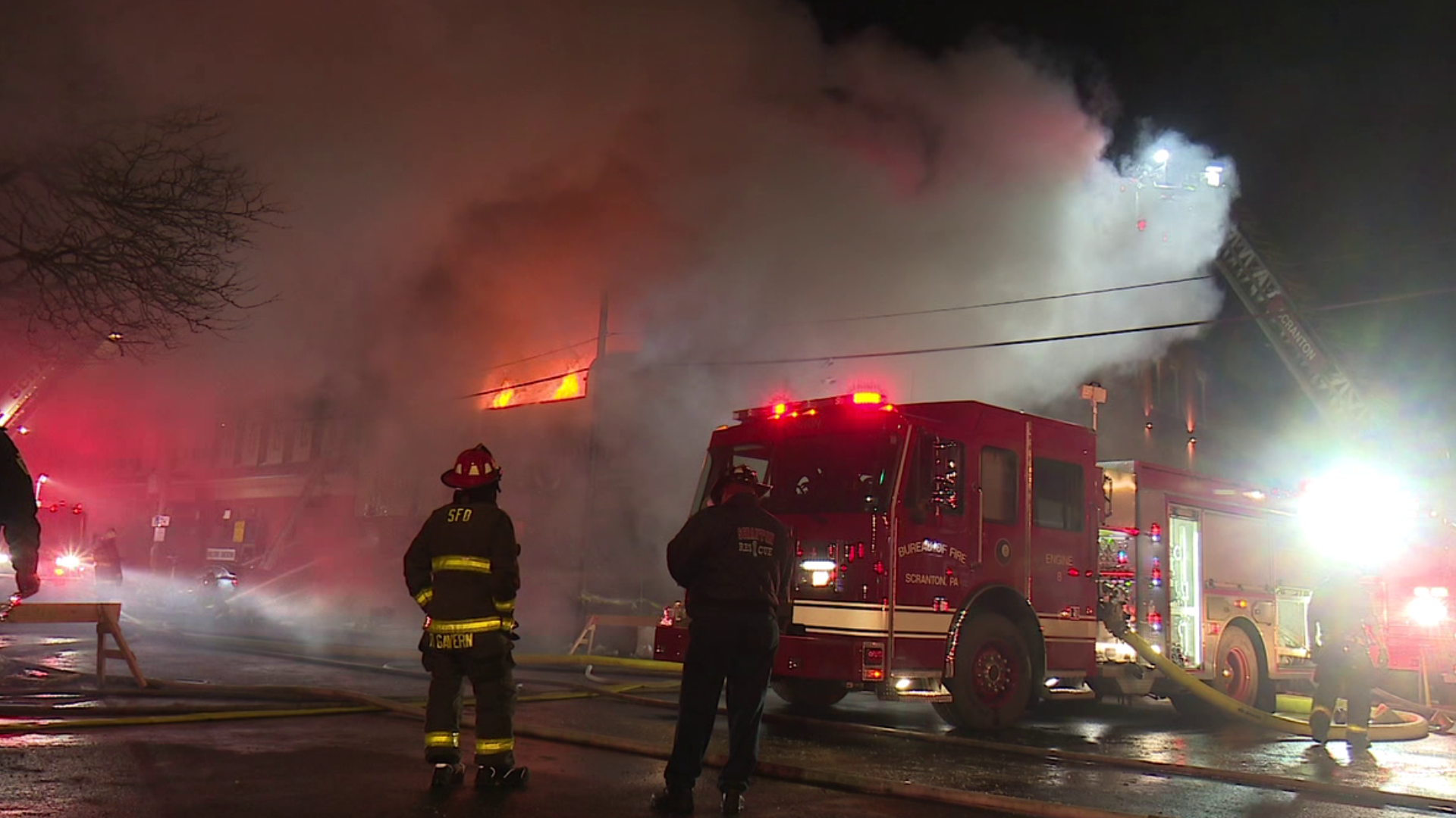 Flames tore through Plotkin Shoe and Repair Store in Scranton on Saturday night.