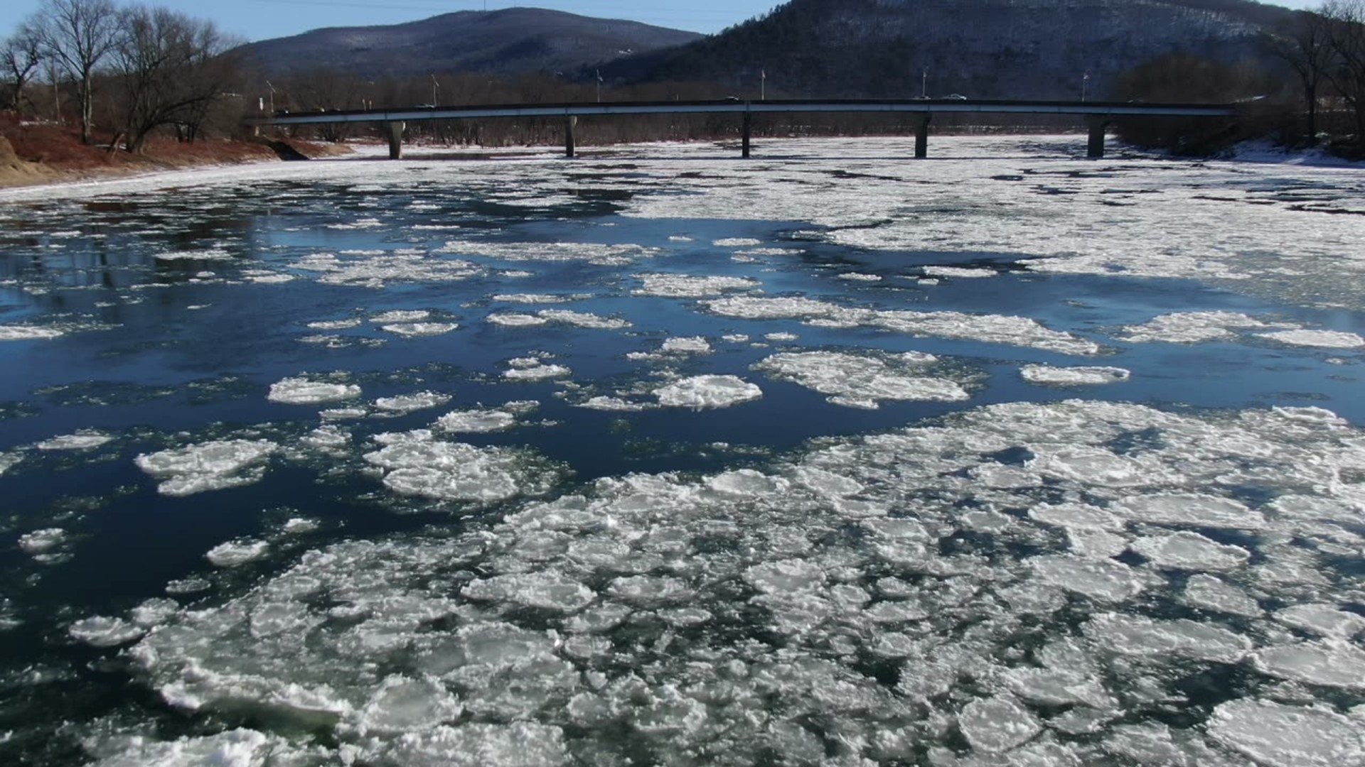 Skycam 16 shows us a Susquehanna River transformed, the water now filled with a patchwork of ice.