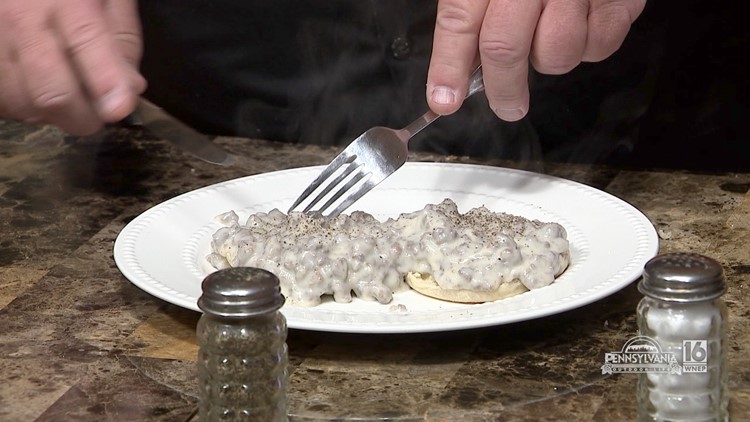 Plating our Venison Sausage and Gravy