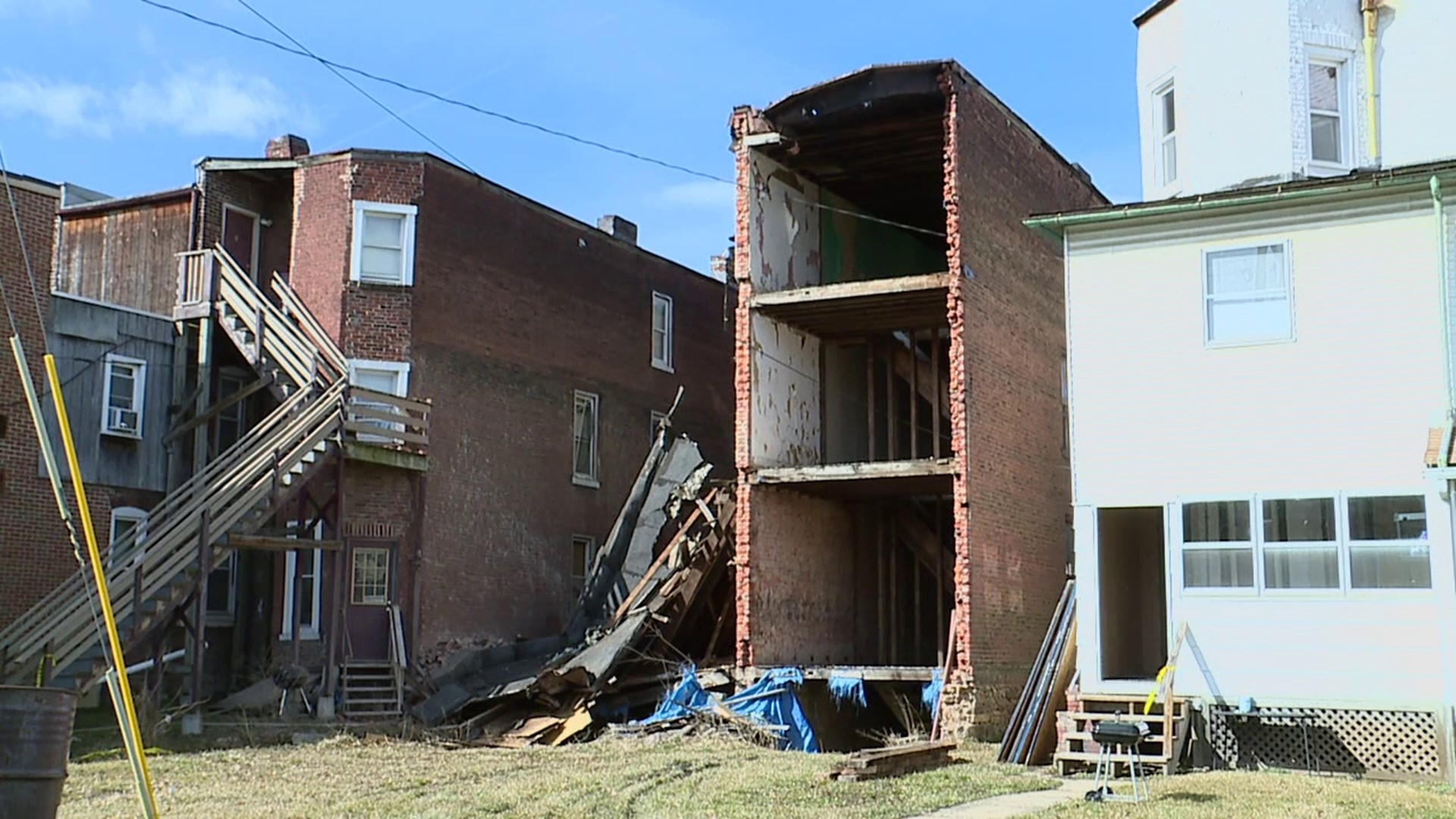 Part of a double block house collapsed in Williamsport due to strong winds Monday night.