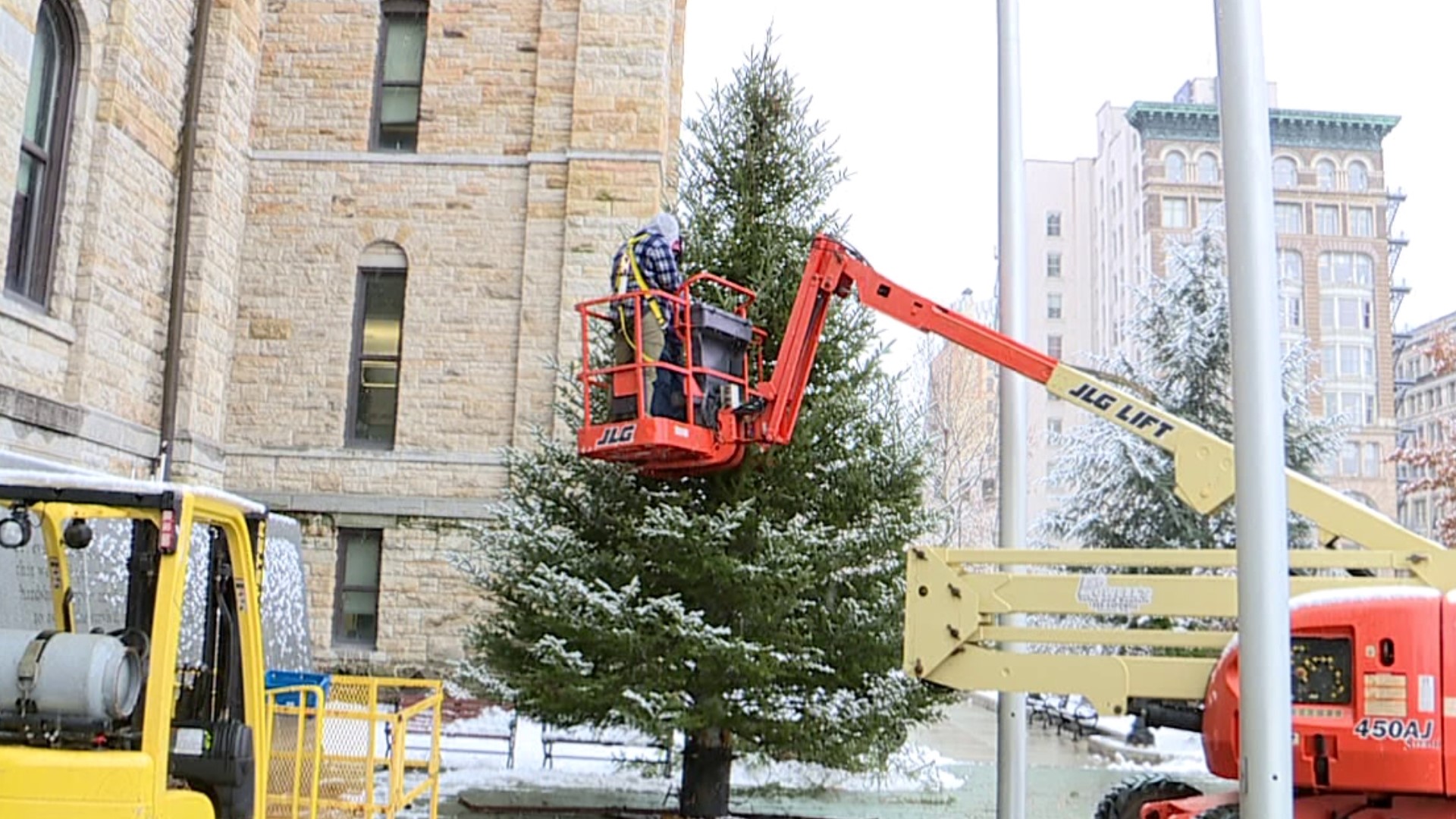 The tree arrived in Courthouse Square in Scranton on Tuesday.
