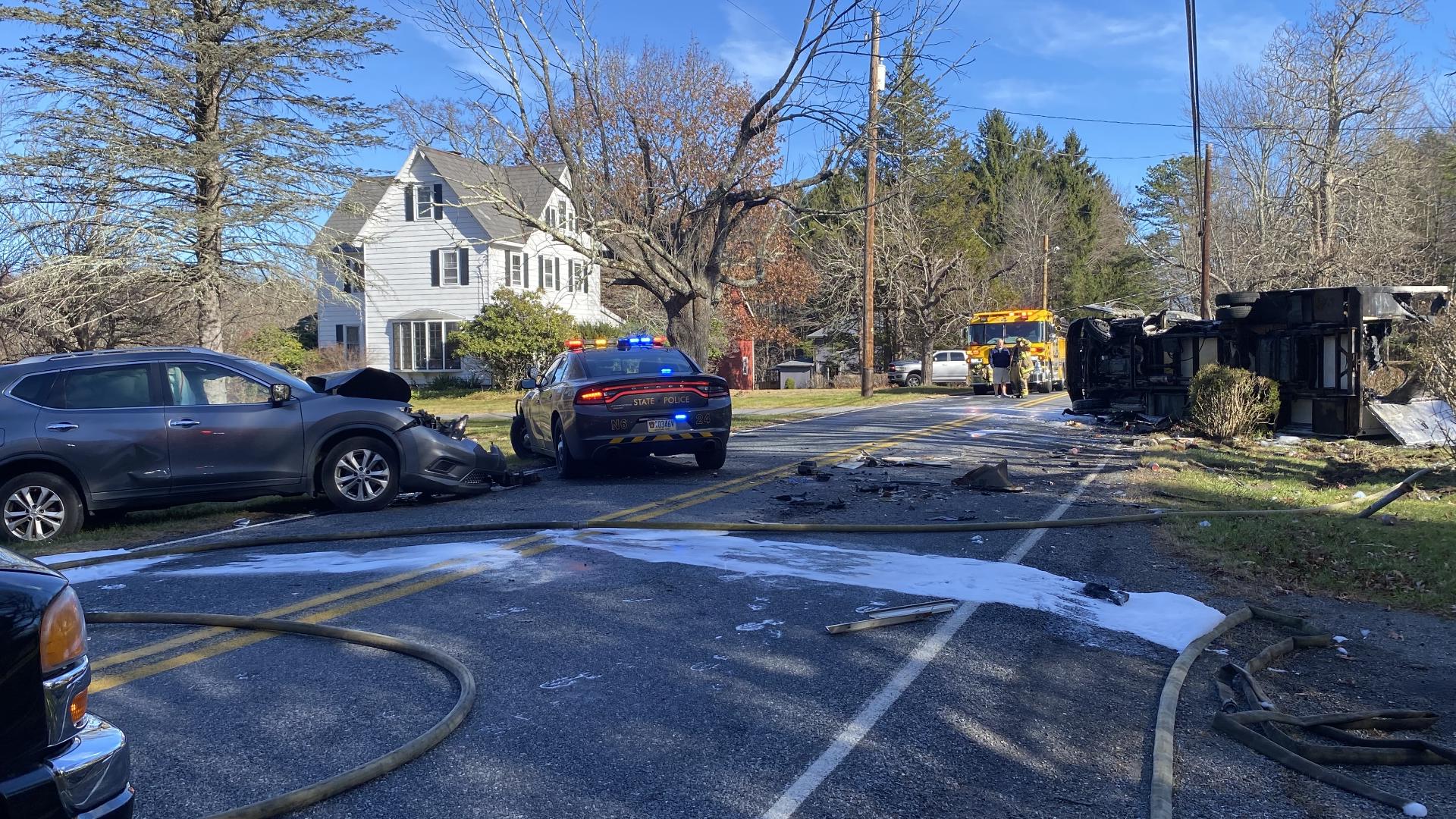 An SUV and a box truck collided on Upper Swiftwater Road.