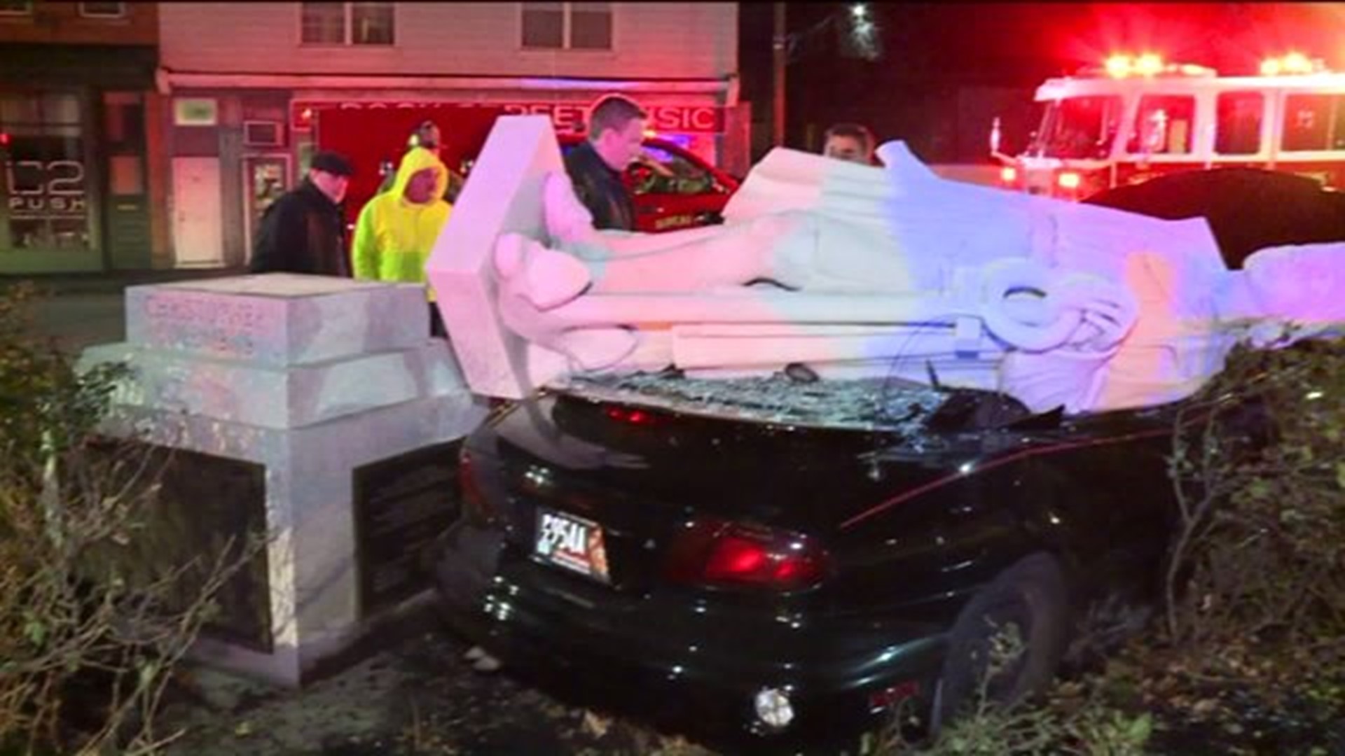 Christopher Columbus Statue Lands on Car after Crash in Pittston