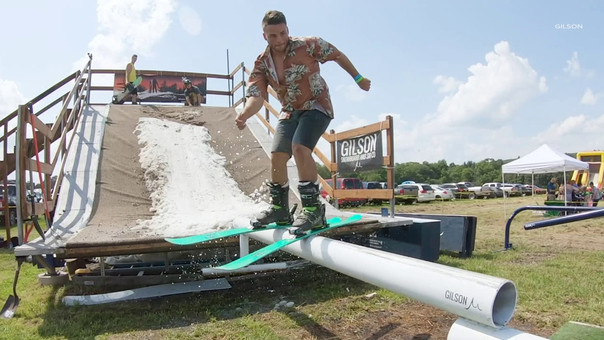 People celebrates a summer snow day in Selinsgrove