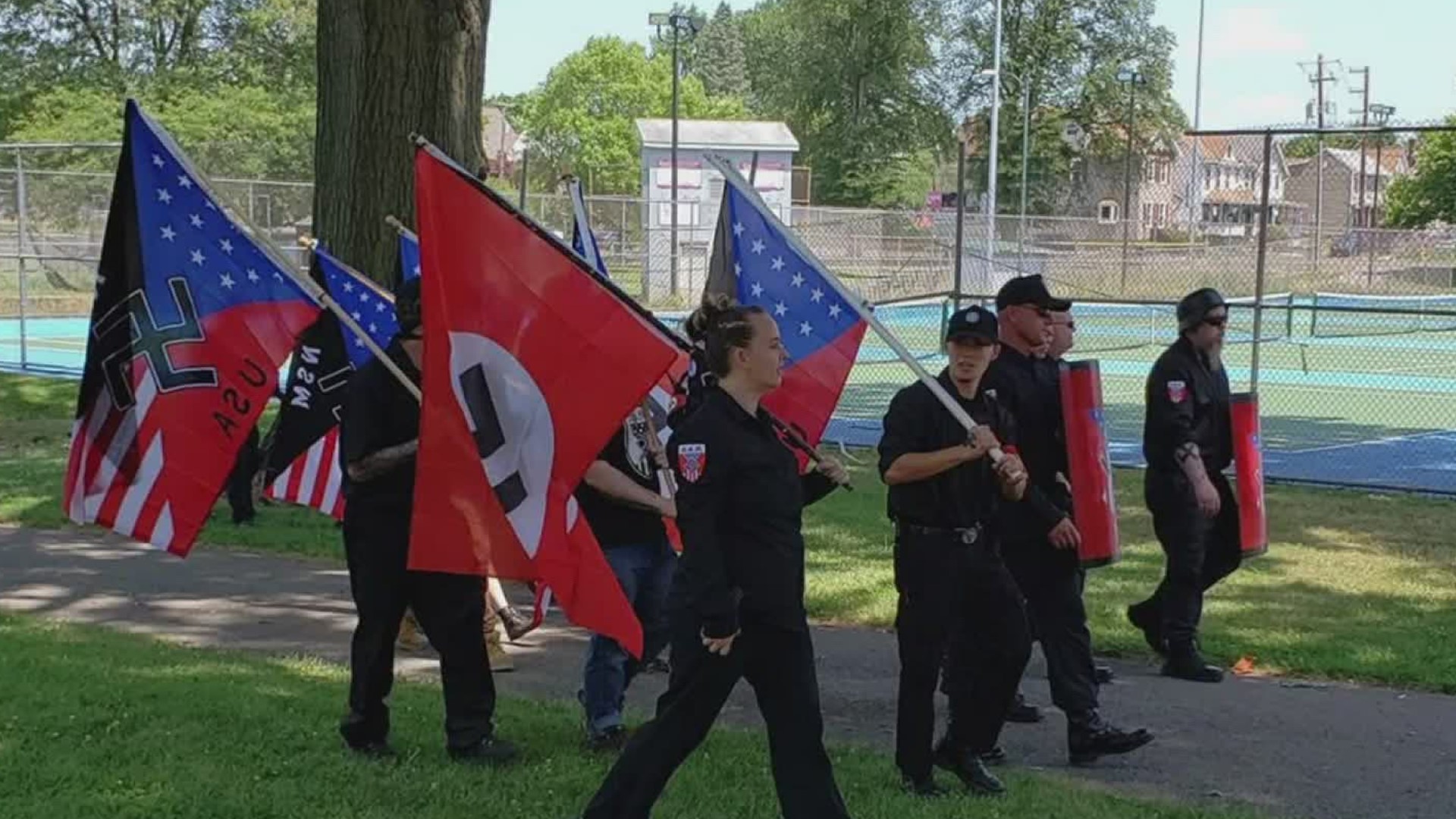 A group of Neo-Nazis was found illegally protesting at a park downtown Saturday. Local police shut down the march due to a lack of permits.