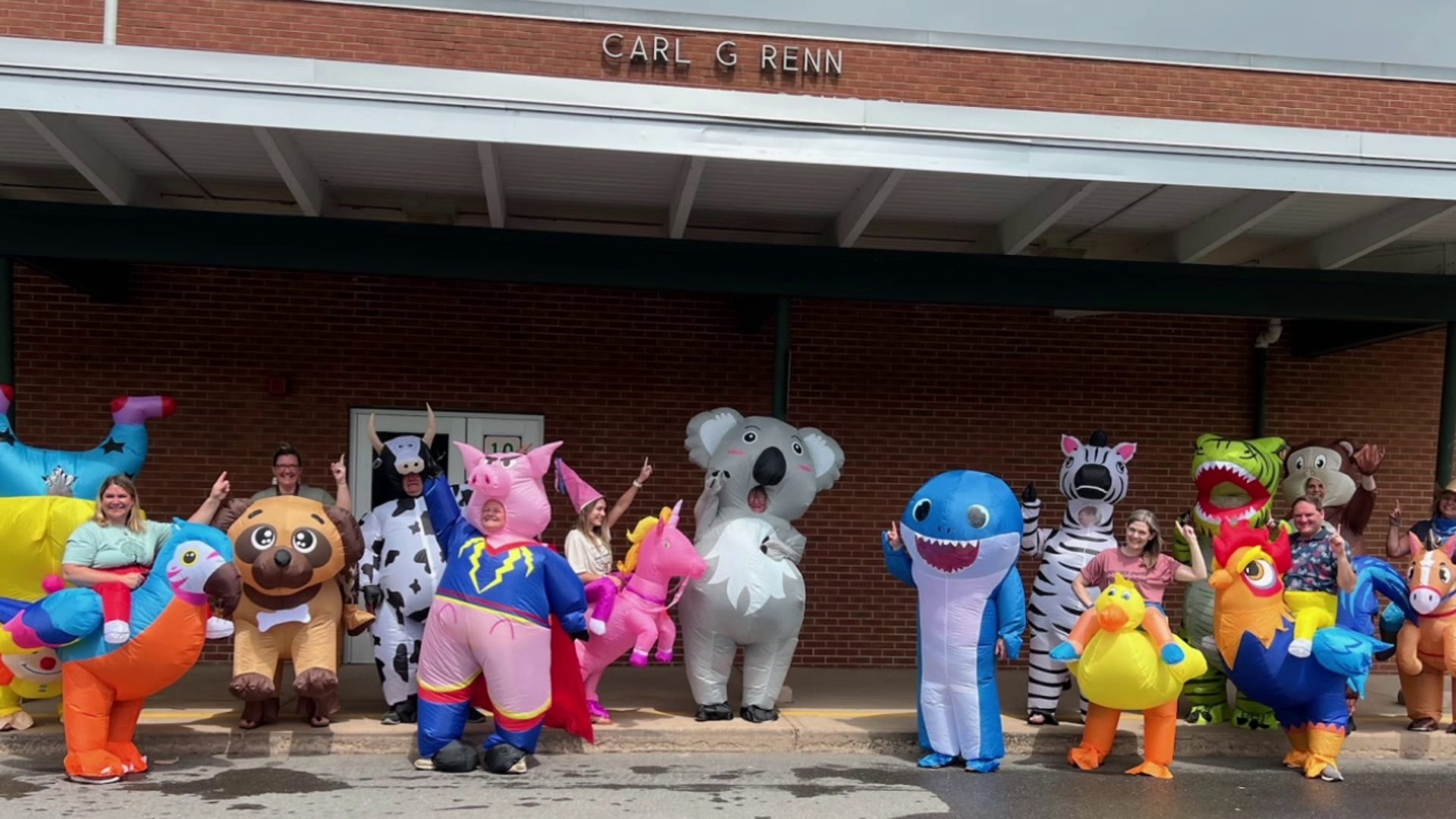Teachers at Carl G. Renn Elementary in Lairdsville celebrated the last day of school dressed up in all kinds of inflatables.